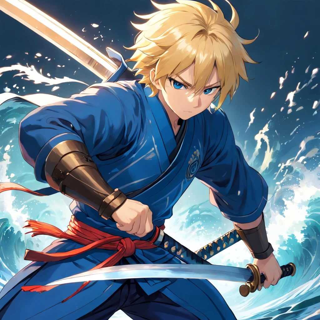 (best quality,ultra-detailed,realistic:1.37), anime, (blue samurai heavy armor,armor:1.1), (short blonde hair:1.1), (blonde beard:1.1), (katana:symbolic,shiny), (water:calm,reflective), (tsunami:ominous), (attacking:battle-ready,ferocious), (slash:powerful,horizontal), (unbeatable masterpiece:1.2)
In this painting,Showing a male anime character。He wears a dark blue Daming armor,This armor has a strong visual impact(blue samurai heavy armor),It gives a sense of unwavering and boundless strength。He has short blonde hair,Slightly stubby,With his fluffy golden beard(short blonde hair, blonde beard)Complement each other。He holds a sharp katana(katana),This knife is breathtaking,The blade shimmers in the light(shiny)。Surrounded by a tranquil water(water),The reflection of the water adds a sense of tranquility and mystery to the whole scene(calm, reflective)。Sin embargo,A powerful tsunami is forming above the sea(tsunami),This great wave appears majestic and inviolable(ominous),It feels a sense of imminent crisis。The male character is carrying a knife,Sprint forward with an indestructible attitude(attacking),His movements are full of the ferocity of battle and the visual impact of the heart。He wielded his sword and slashed a shocking slash(slash),The sword is like a storm,It's unbelievable。The whole picture shows the male character's unparalleled combat feat,Become a masterpiece of art(unbeatable masterpiece)。The detail of this work is extremely fine,Delicately depicted,It gives you the feeling of being in a real scene(ultra-detailed, realistic:1.37)。It transports the viewer into an anime world with a very artistic style(anime),It's impressive。
