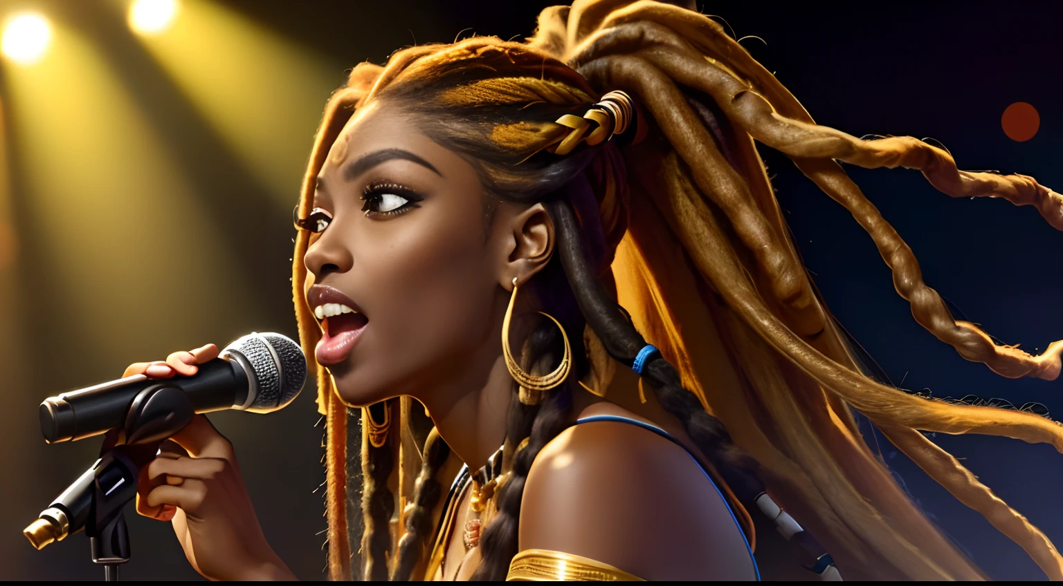 (Masterpiece:1.2), (Best Quality:1.2), perfect eyes, Woman in her 40s, perfect faces, Dark stage lighting, photo shoot, Dark yellow hair, long hair, ponytail hair, long hair, ponytail hair, long hair, ponytail hair, 1Girl dark skin, Gorgeous tribal dresses, thick eyelashes, makeups, eyeshadows, (Dreadlocks ), (Dreadlocks ), (Dreadlocks ), (microphone), (Singing on the club stage), (microphone), (Singing on the club stage), (microphone), (Singing on the club stage), (Hip Hop), (Hip Hop), (Hip Hop)