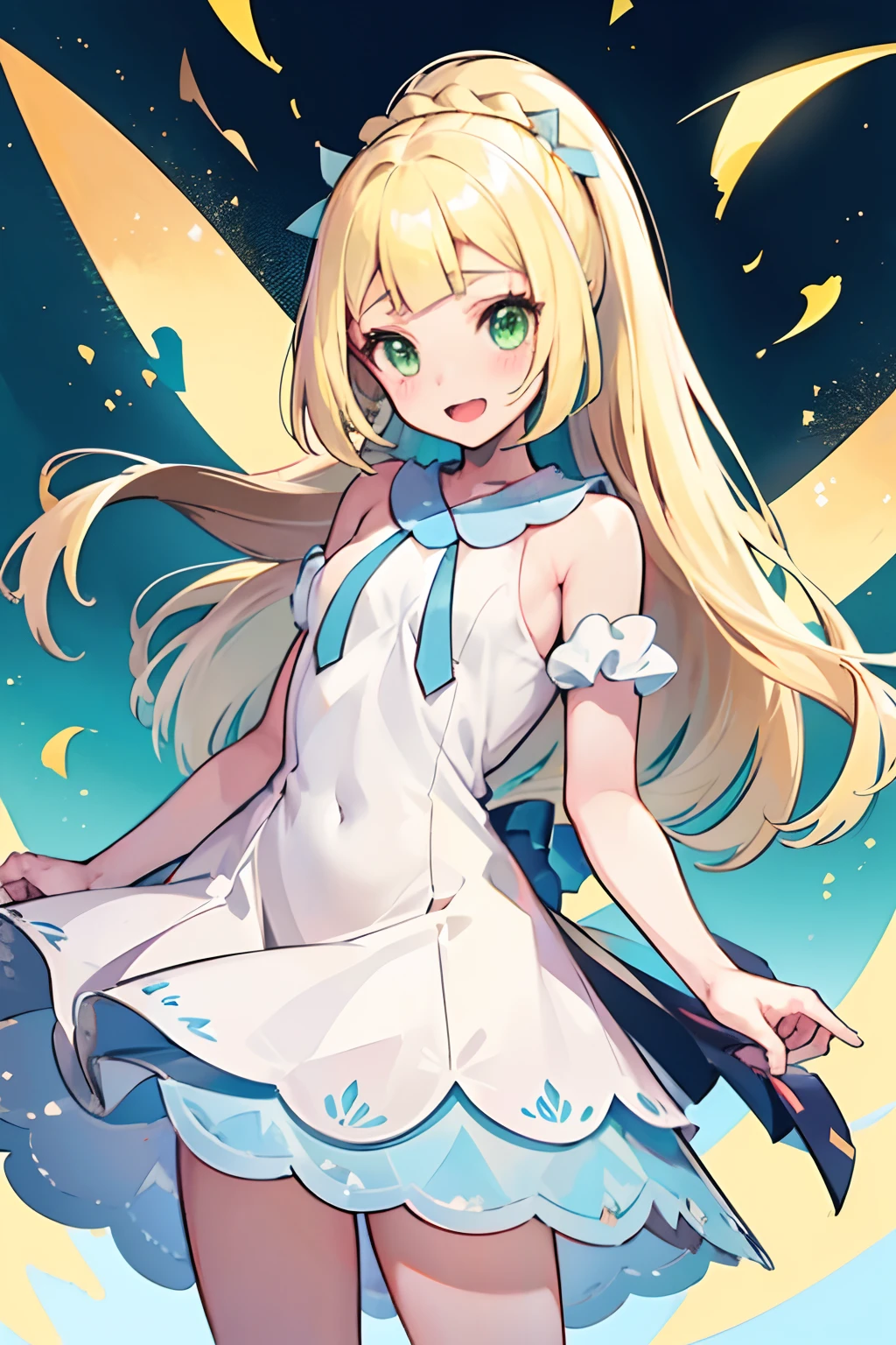 One Girl,a blond,poneyTail,lillie,Green eyes,Guts Pose,nimbly,Beautiful steppe,Ganbari Lilie,pokemon,White dress,Raising,verd s eyes,small tits,Smile with open mouth,Beautiful steppe,blushed face,closing eye,huge smile,Top image quality,Masterpiece,Best Quality