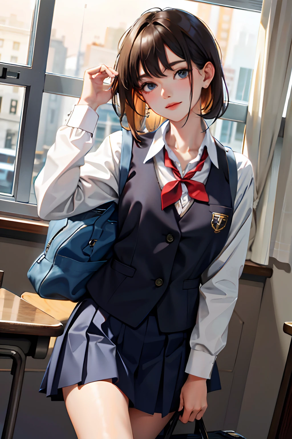 (Masterpiece: 1.2, highest quality), (authentic images, intricate details), solo, woman single, school, school uniform