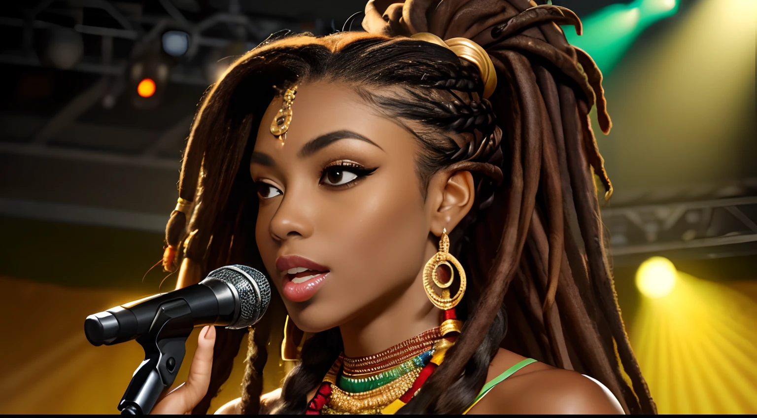 (Masterpiece:1.2), (Best Quality:1.2), perfect eyes, Woman in her 40s, perfect faces, Dark stage lighting, photo shoot, long hair, ponytail hair, long hair, ponytail hair, long hair, ponytail hair, 1Girl dark skin, Gorgeous tribal dresses, thick eyelashes, makeups, eyeshadows, (Dreadlocks ), (Dreadlocks ), (Dreadlocks ), (microphone), (Singing on the club stage), (microphone), (Singing on the club stage), (microphone), (Singing on the club stage), (Hip Hop), (Hip Hop), (Hip Hop)