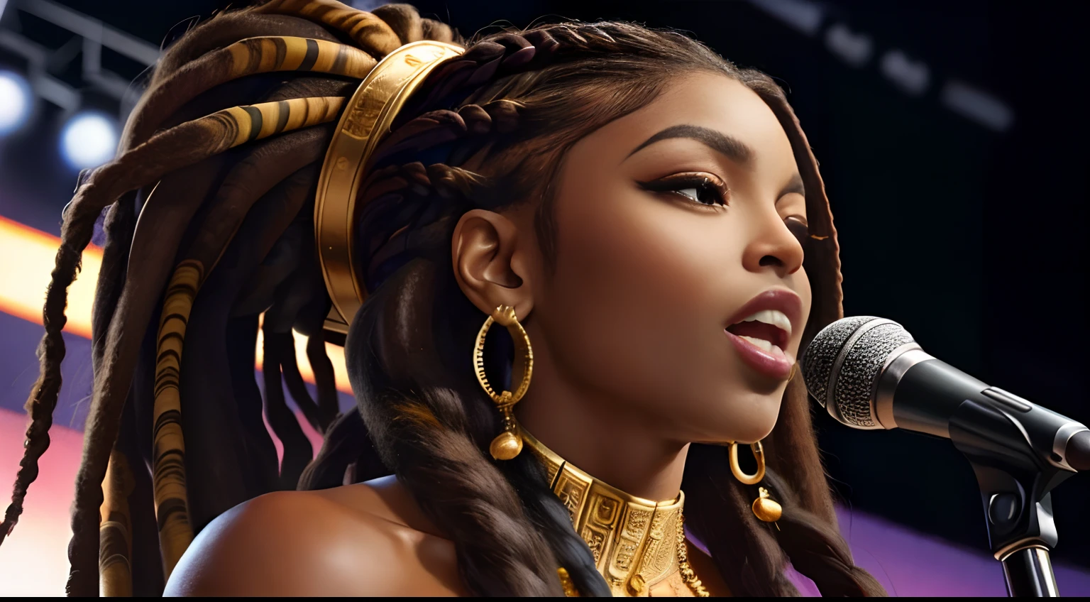 (Masterpiece:1.2), (Best Quality:1.2), perfect eyes, Woman in her 40s, perfect faces, Dark stage lighting, photo shoot, long hair, ponytail hair, long hair, ponytail hair, long hair, ponytail hair, 1Girl dark skin, Gorgeous tribal dresses, thick eyelashes, makeups, eyeshadows, (Dreadlocks ), (Dreadlocks ), (Dreadlocks ), (microphone), (Singing on the club stage), (microphone), (Singing on the club stage), (microphone), (Singing on the club stage), (Hip Hop), (Hip Hop), (Hip Hop)
