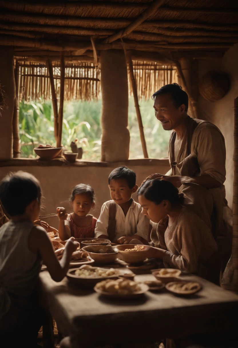 A farmer eating with his family, wife, two children, with the interior of the room made of bamboo