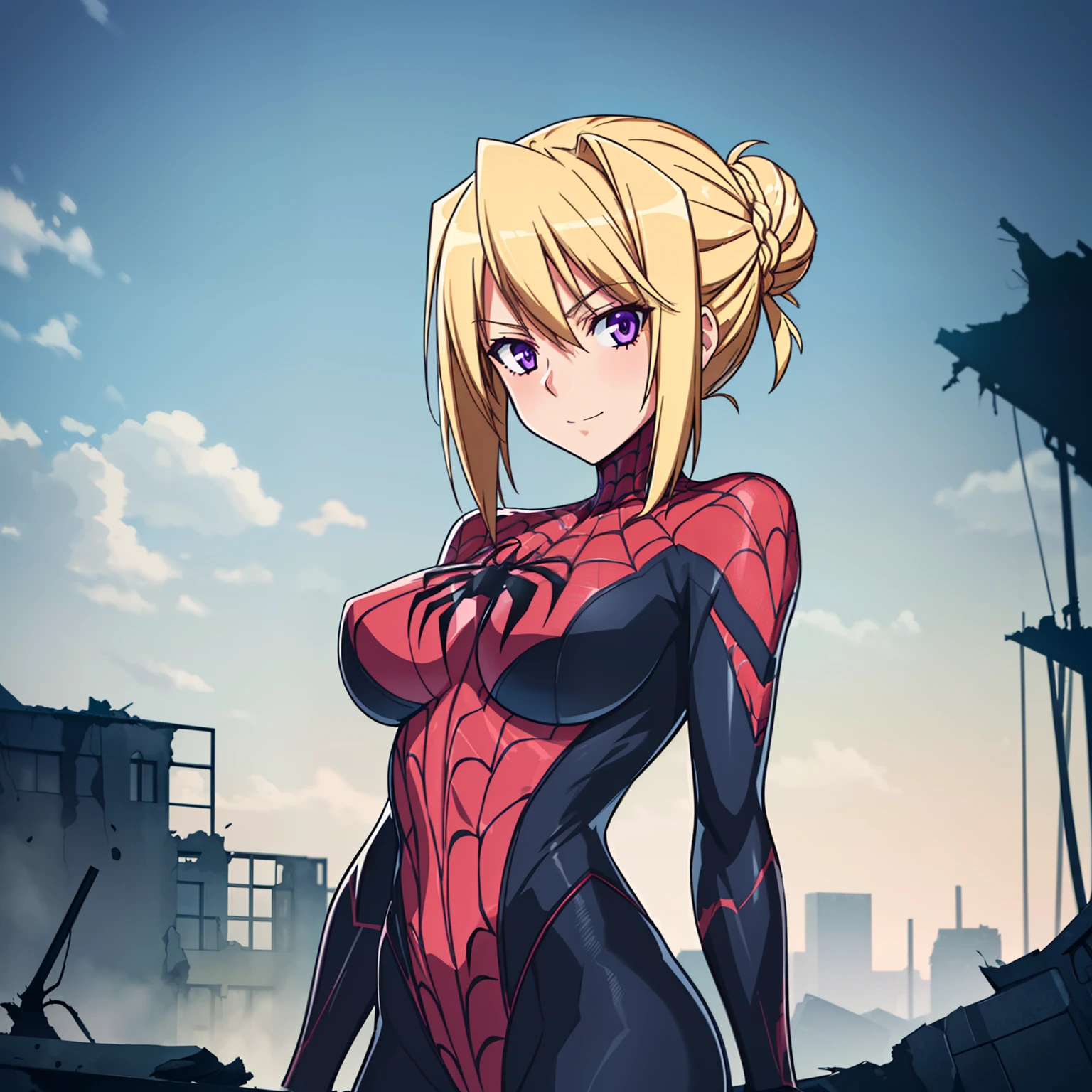 1girl,big breasts,standing in ruined city,(8k),scratches,detailed face,blond hair,purple eyes,short hair,bun,embarassed,small smile face,high_res, high_definition,the battlefield,Heroic pose,dark suit, (symbiote spider man Custome:1.1),