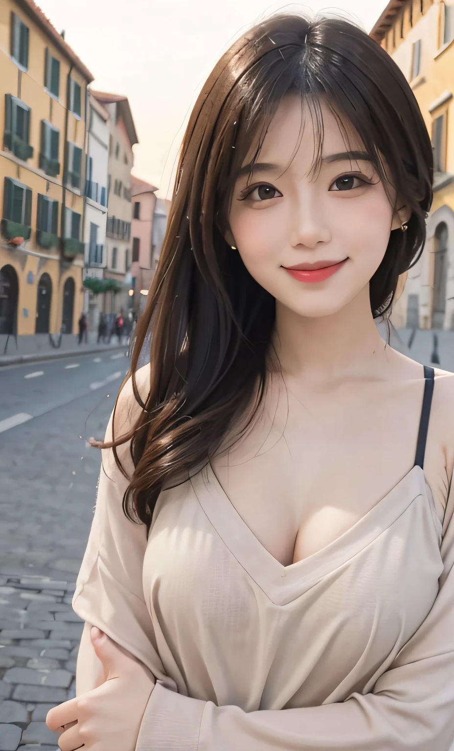 Realistic、Realistic、highest quality、Natural Lip、Fair skin、Great light、Beautiful lighting、Parted bangs、Off the shoulder、Large Breastsの谷間、Large Breasts、White crop top、mini skirt、Gorgeous Accessories、Harajuku、smile、かわいいsmile、Crowds in the city