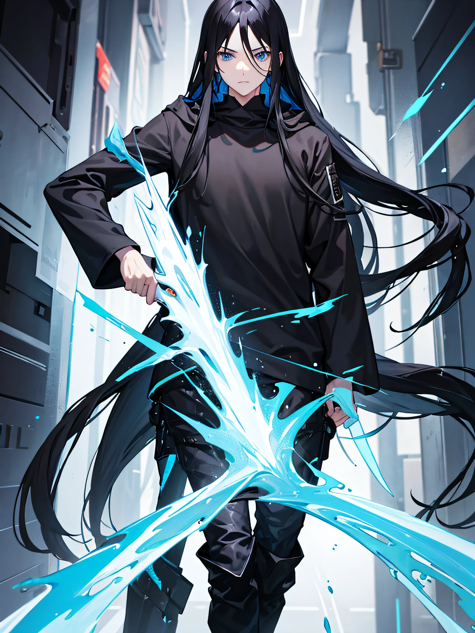 1 guy, long black blue hair,blue eyes, wearing black blue hoodie, holding a long white sword, ultrashrap