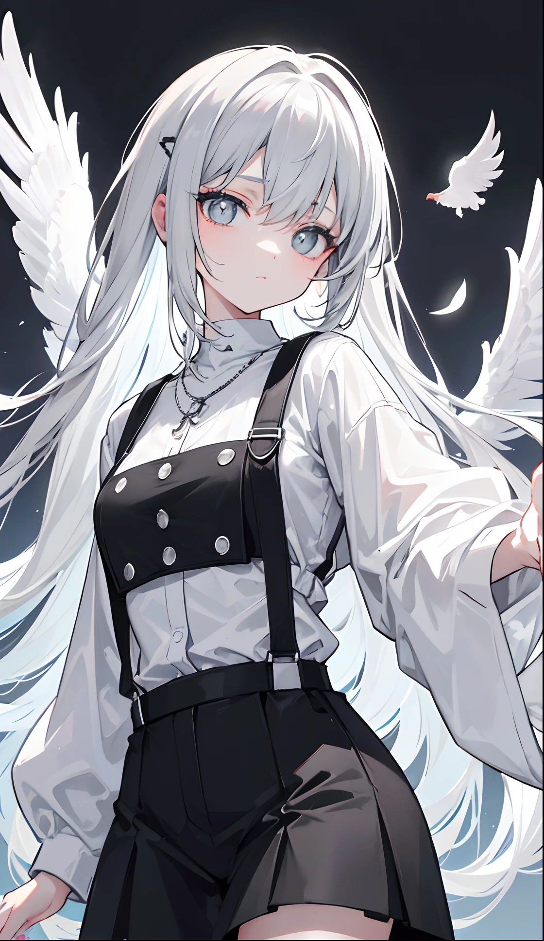 Fluorescent gray in the head，Fluorescent gray-black pupils，Wear suspenders in black and white，Sing and dance rap basketball，Chicken friends，Silver necklace，Super big beauty，Allure and downfall the city，Is a cute girl，Sweet loli girl，The whole is shining，Has multiple gray soul rings，It's a beautiful sister，Black, white and gray color scheme，Known as Brother Chicken