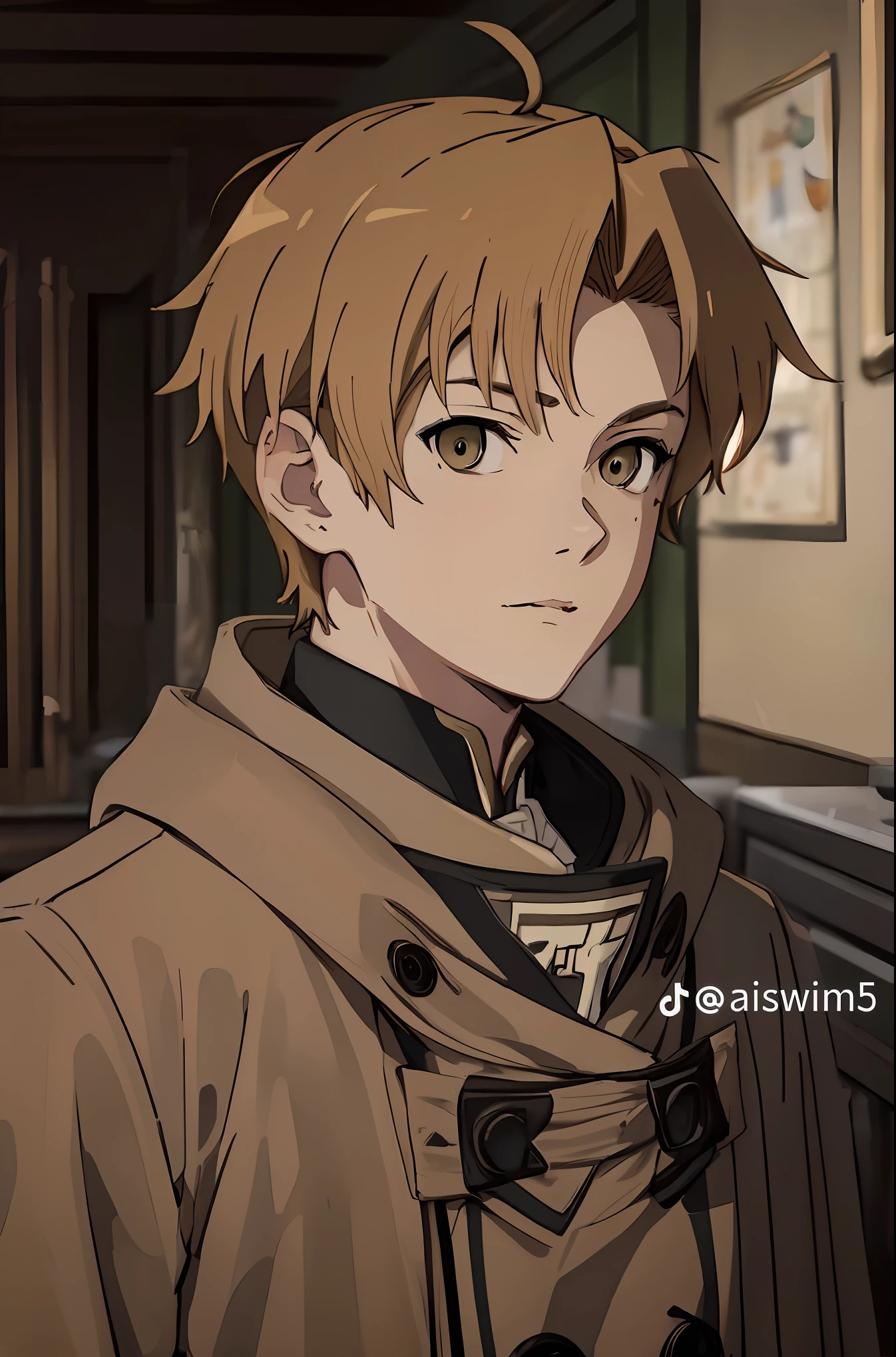 Anime character in a brown coat standing in a room, de meninas da linha de frente, last exile anime, Arte Oficial, feito com anime painter studio, Makoto Shinka, Arte no estilo de Guweiz, personagem de anime masculino, Anime de hoje ainda em destaque, detalhes finos. meninas da linha de frente, Makoto Kano, arte oficial do personagem, from attack on titan