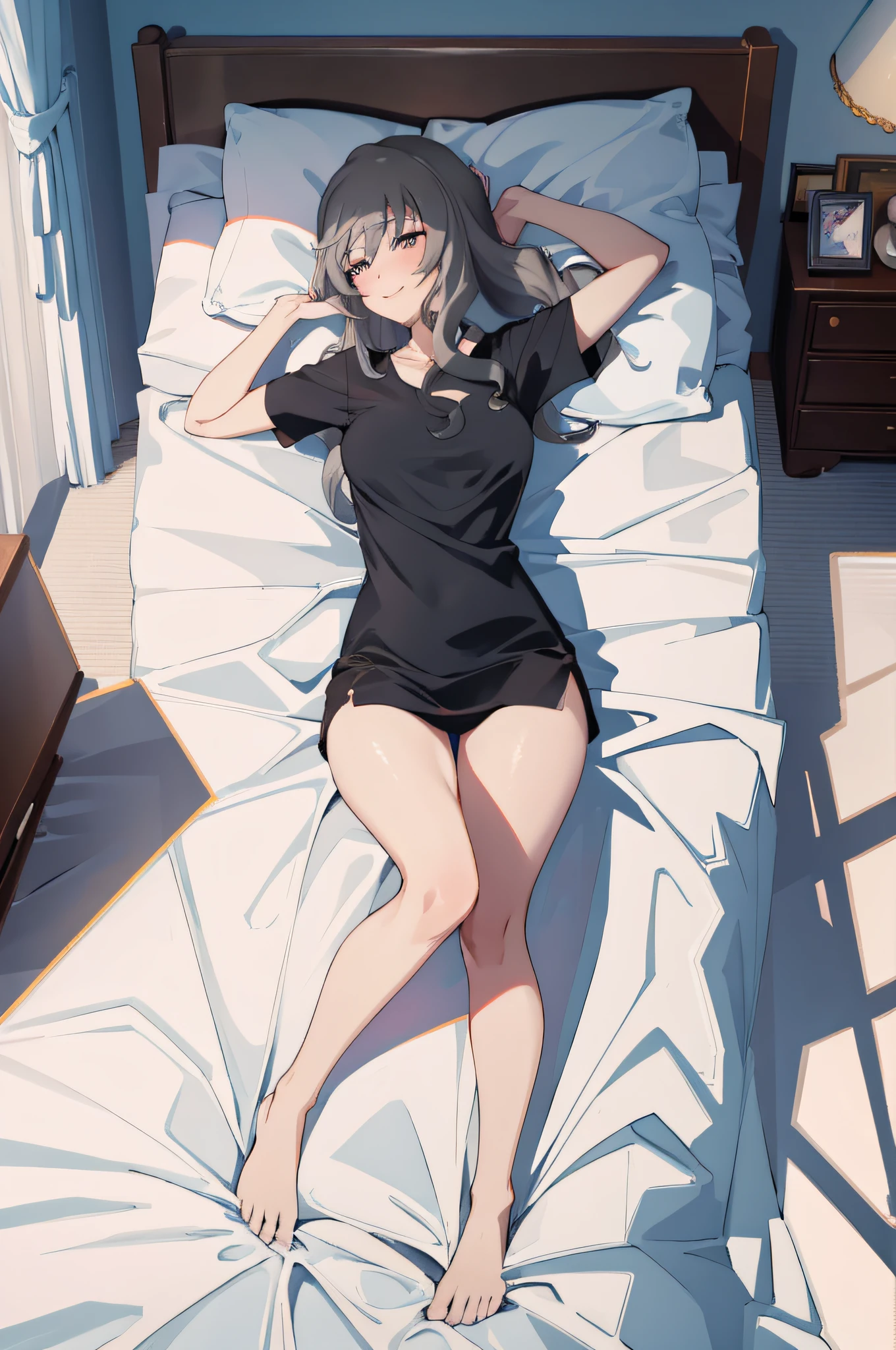 (masterpiece, best quality, detailed) ,1girl, shimada_chiyo,long hair,bang hair,grey hair ,laying in bed with her head on her pillow, on my bed, anime moe artstyle, seductive anime girl, lying at the bed, laying on a bed, lying in bed, laying back on the bed, waking up,ecchi anime style, seductive anime girl.teasing smile, clean detailed anime art,high resolution, (perfect hands, perfect anatomy),