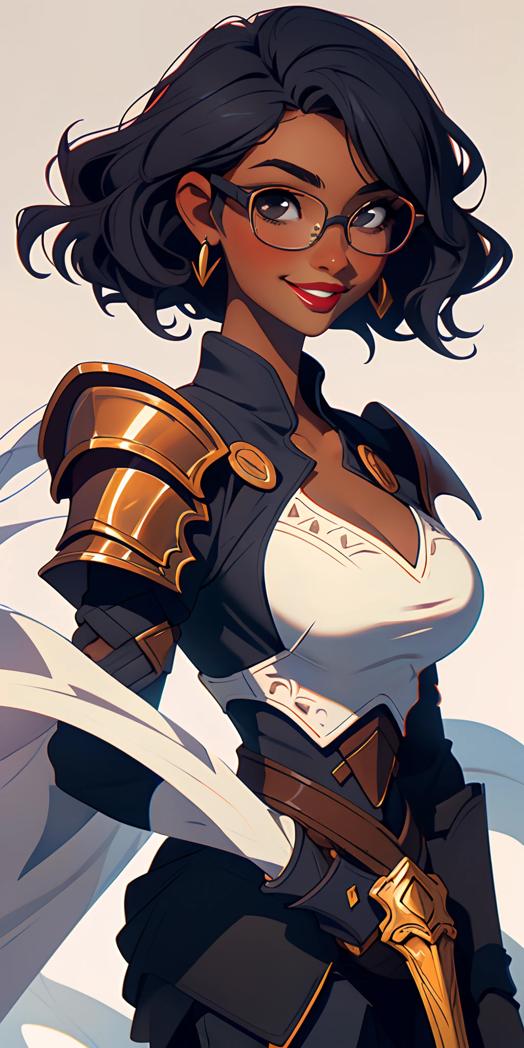 (((black skinned female warrior))), dynamic pose, wearing Victorian era armor, ((background: a sky full of clouds))