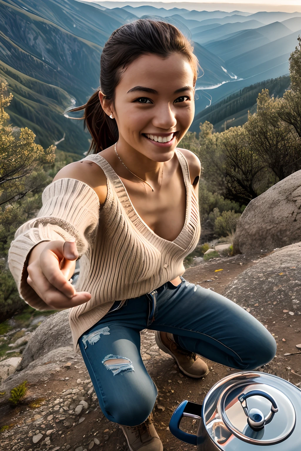 (Upper body selfie:1.3),Spring climbing,With a superb view from the summit in the background,Beautiful sunrise,video from above,Backlighting,Generate images of beautiful girls around the world,Especially while reflecting elements of Western beauty.Girl with natural smile and attractive expression,Girl with natural smile and attractive expression,Transparent skin,sparkle in eyes,Expresses an elegant atmosphere,Colossal tits,White lace loose sweater with off-shoulder chest emphasis,Torn and tattered damaged jeans,Solo, crouching down.backpack,Mountain boots,Camping stove,kettle,mug cup,Single-person tent,strong wind blowing,Hair fluttering in the storm,(The 8k quality,masutepiece,top-quality,Ultra-high resolution output image,),(Highly detailed raw photos:1.3),(Image Mode Ultra HD),