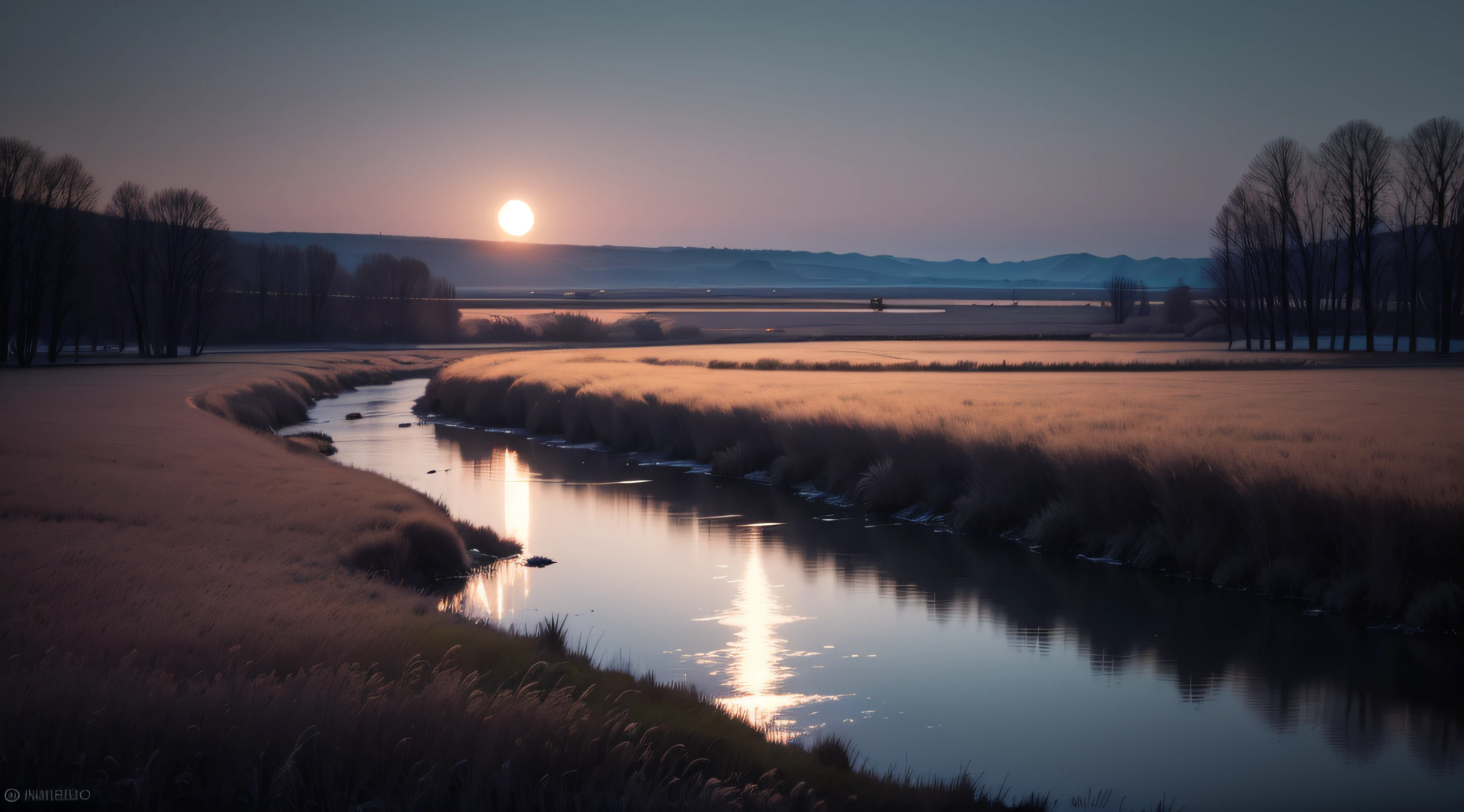 natta, Reed field, foreground, There is a full moon in the sky. Behind you is a river flowing. The whole thing is dark and has a low-brightness blue glow. The darkness is so dense that only the moonlit parts are weakly visible. Realistic lighting and shadows, a photo of, ultra-definition