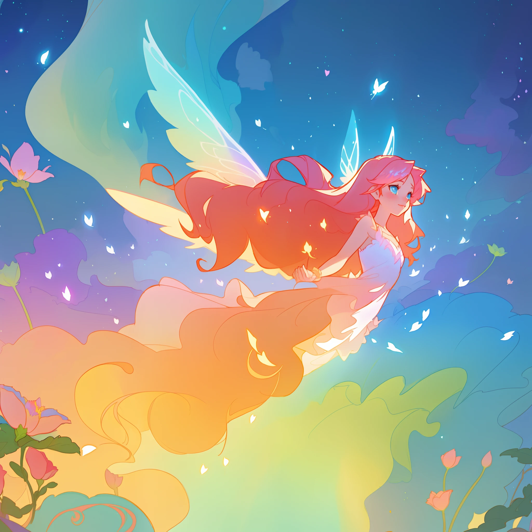 beautiful girl in flowing ballgown dress, (glowing fairy wings), glowing flowing ballgown, long wavy hair, sparkling fairy wings, watercolor illustration, flowers and colorful plants, inspired by Glen Keane, inspired by Lois van Baarle, disney art style, by Lois van Baarle, glowing aura around her, by Glen Keane, jen bartel, glowing lights! digital painting, flowing glowing hair, glowing flowing hair, beautiful digital illustration, fantasia otherworldly landscape plants flowers, beautiful, masterpiece, best quality, anime disney style, fairy queen