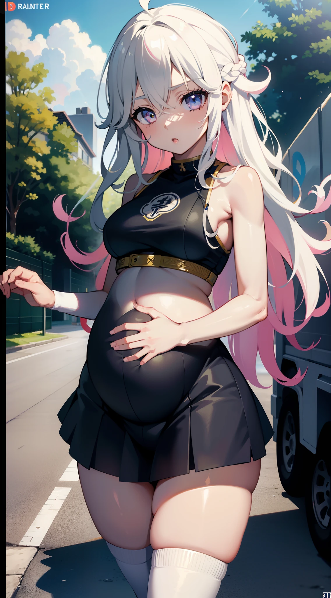 Masterpiece, 1girll, yukino yukinoshita, Glowing eyes, White sneakers, tennis wear, White miniskirt, White panties, White knee socks, Masterpiece, Top quality,  Hyper-detailed, Blue sky, grabbing her own breasts,Pregnant belly，Pregnant belly， Masterpiece,Best quality,absurderes,2D,((Anime screencap)),1girll,Cute,Expressive hair,Long hair,(Medium breasts),bouncing breasts,(pregnant:0.9),ahegao,Long shirt,vibrator in thighhighs,(((Trembling))),Outdoors,street
