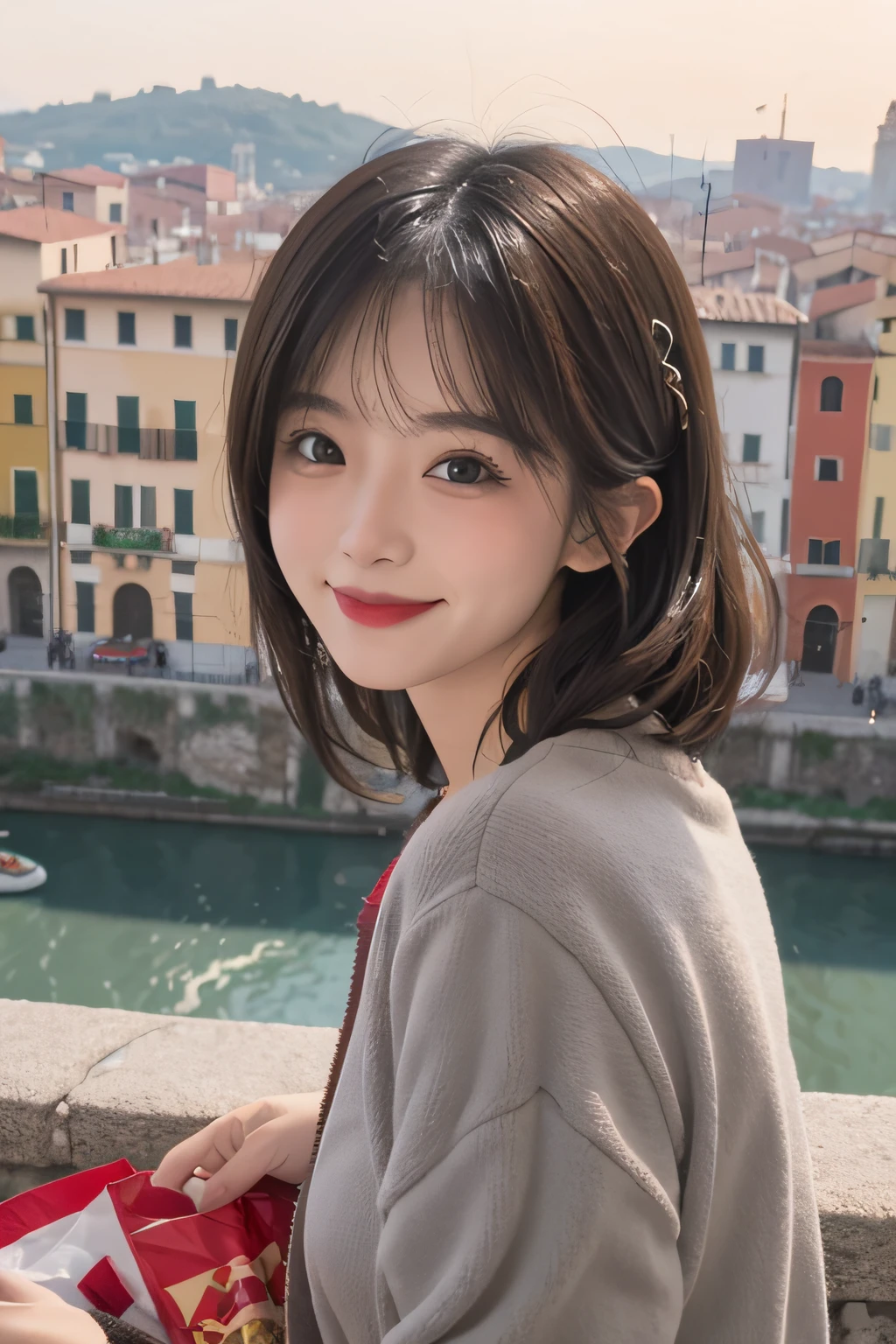 1girl in、Italy、Daytime、A city scape、A smile、The upper part of the body、a closeup、8K、Raw photography、top-quality、​masterpiece、realisitic、Photorealsitic、