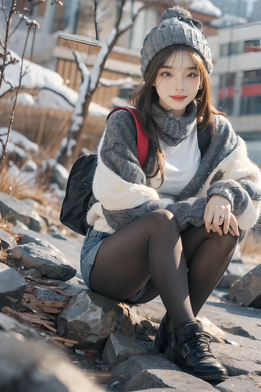 ((top-quality、8K、masterpiece:1.3))、foco nítido:1.2、(realisitic、Photorealsitic:1.37)、((A smile))、((Thick tights with very detailed brown color,))、full body Esbian、Beautiful Face Woman、28 year old、((very Bigger breasts))、having with、pointed chest、NSFW、long eyeslashes、Colorcon、Big 、delicated、Very detailed eyes、Highly detailed eyebrows、((Beautiful ass))、(Sharp Eyebrows)、(Thin eyebrows)、tshirts、very vey very detailed face、((Wearing a knitted hat)),Erect ,Clothed、((Mountain Girl))、shortpants、Carrying a rucksack、From above、outside of house、Take a selfie with your phone、Sit on rocky ground、((Earthen floor))、((View from the summit))、Detailed background(8K、masterpiece、top-quality、Raw foto)