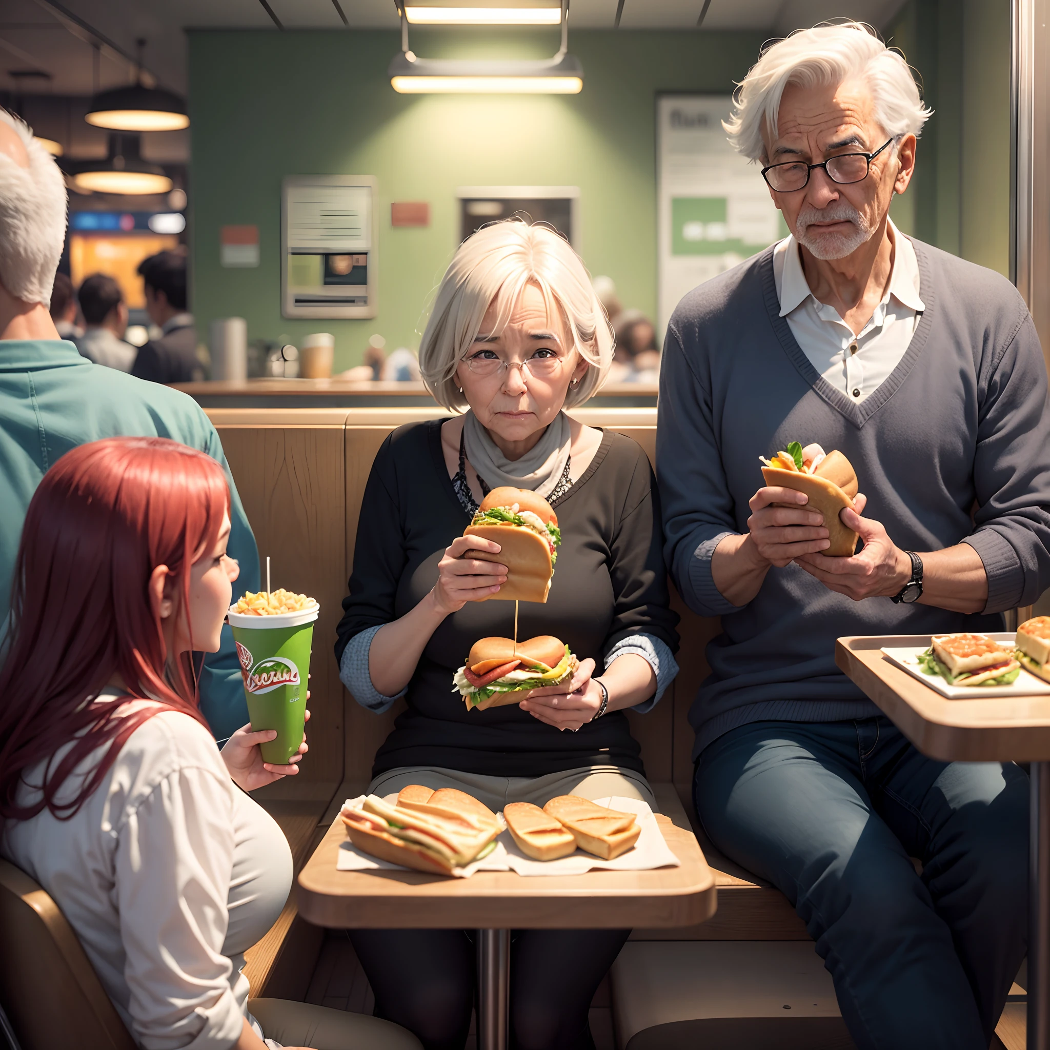 Imagine a scene of older couple  sitting in a Subway restaurant, eagerly taking a bite of his freshly-made sandwich. Describe the boy's expression and the delicious ingredients inside the sandwich