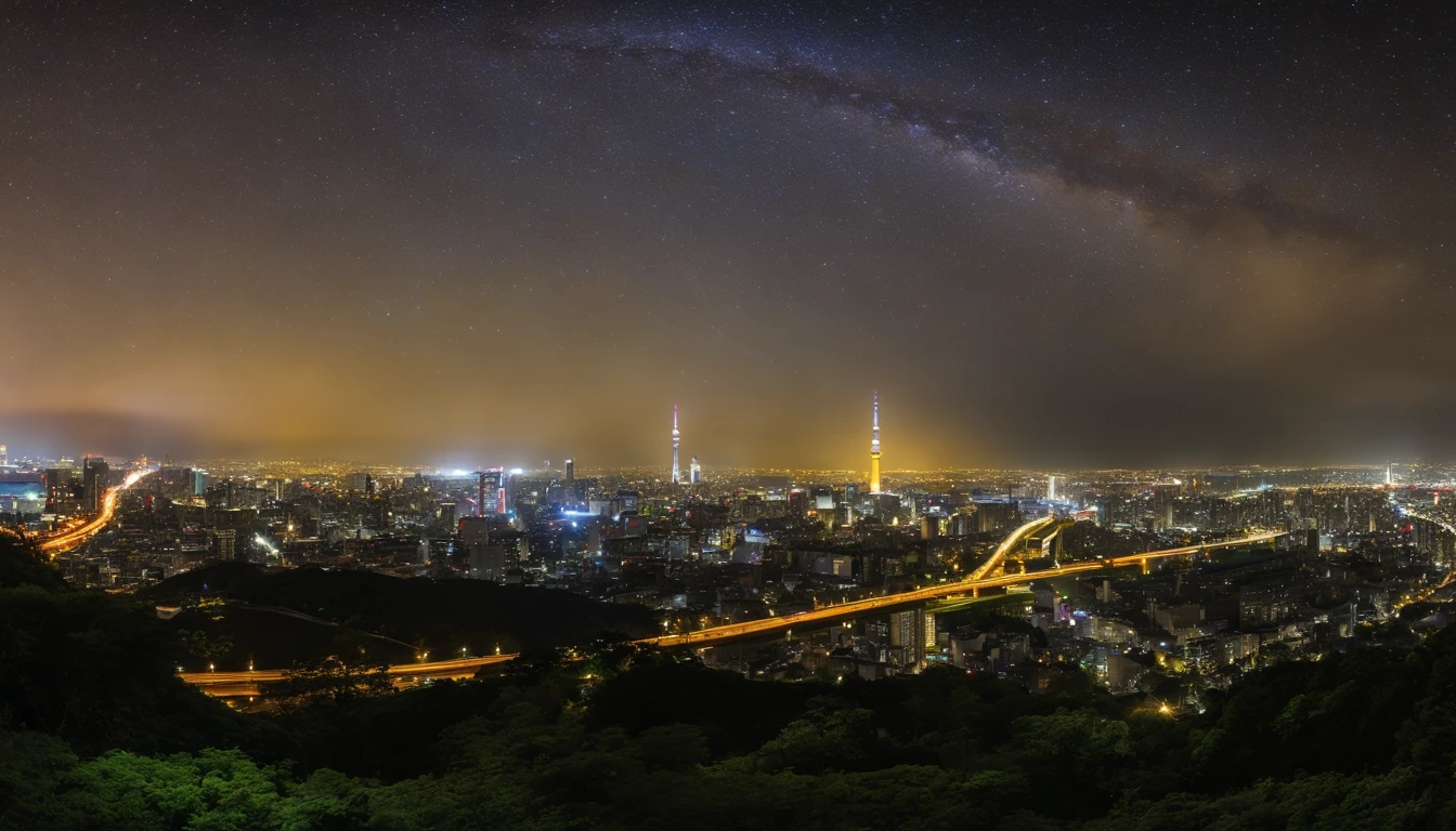 Lua crescente gigante、High-level image quality、.RAW、Standing at the Tokyo Skytree、Mulher de 20 anos、cena noturna、Milky Way galaxy、Andromeda Nebula、streets of tokyo、Linhas de Luz Fluidas、Junction of the Metropolitan Expressway、forte、Rainbow Bridge、Aproximando-se de planetas