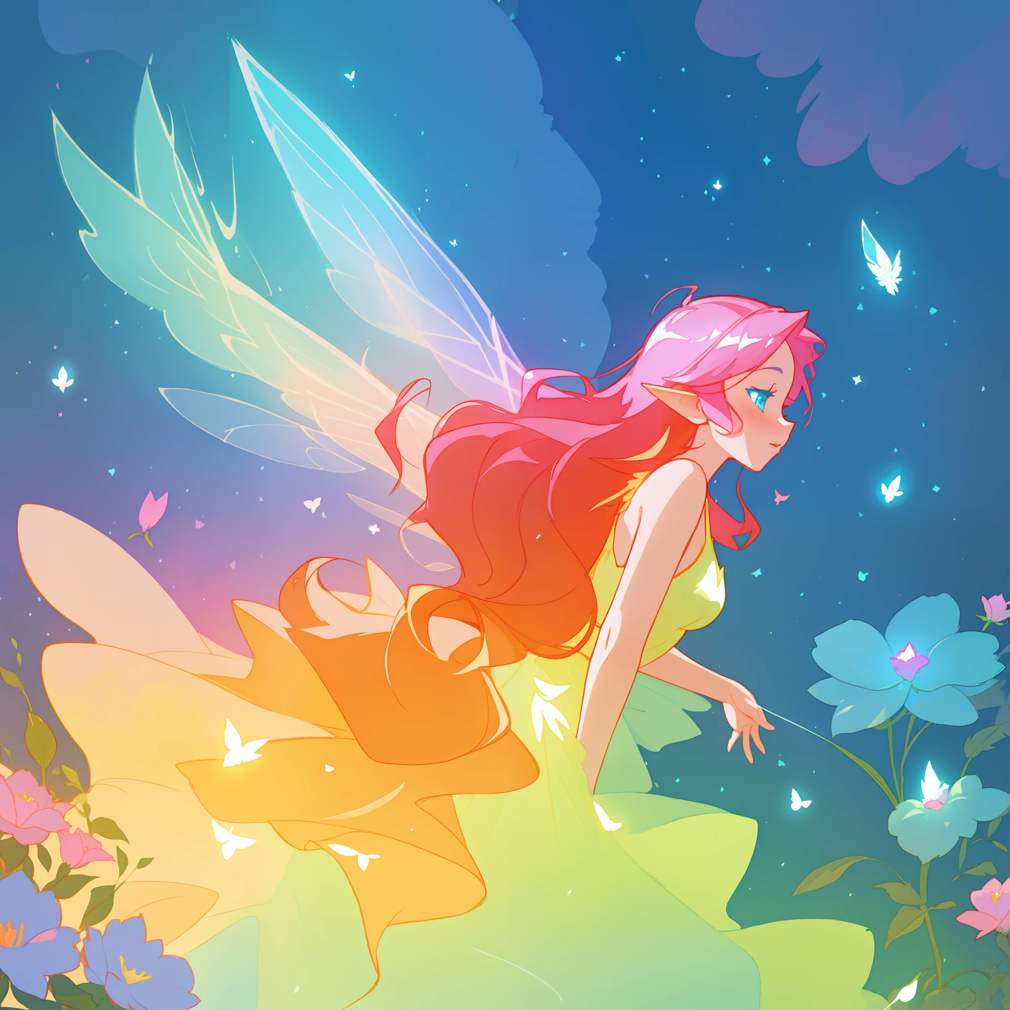 beautiful girl in flowing ballgown dress, (glowing fairy wings), glowing flowing ballgown, long wavy hair, sparkling fairy wings, watercolor illustration, flowers and colorful plants, inspired by Glen Keane, inspired by Lois van Baarle, disney art style, by Lois van Baarle, glowing aura around her, by Glen Keane, jen bartel, glowing lights! digital painting, flowing glowing hair, glowing flowing hair, beautiful digital illustration, fantasia otherworldly landscape plants flowers, beautiful, masterpiece, best quality, anime disney style, fairy queen