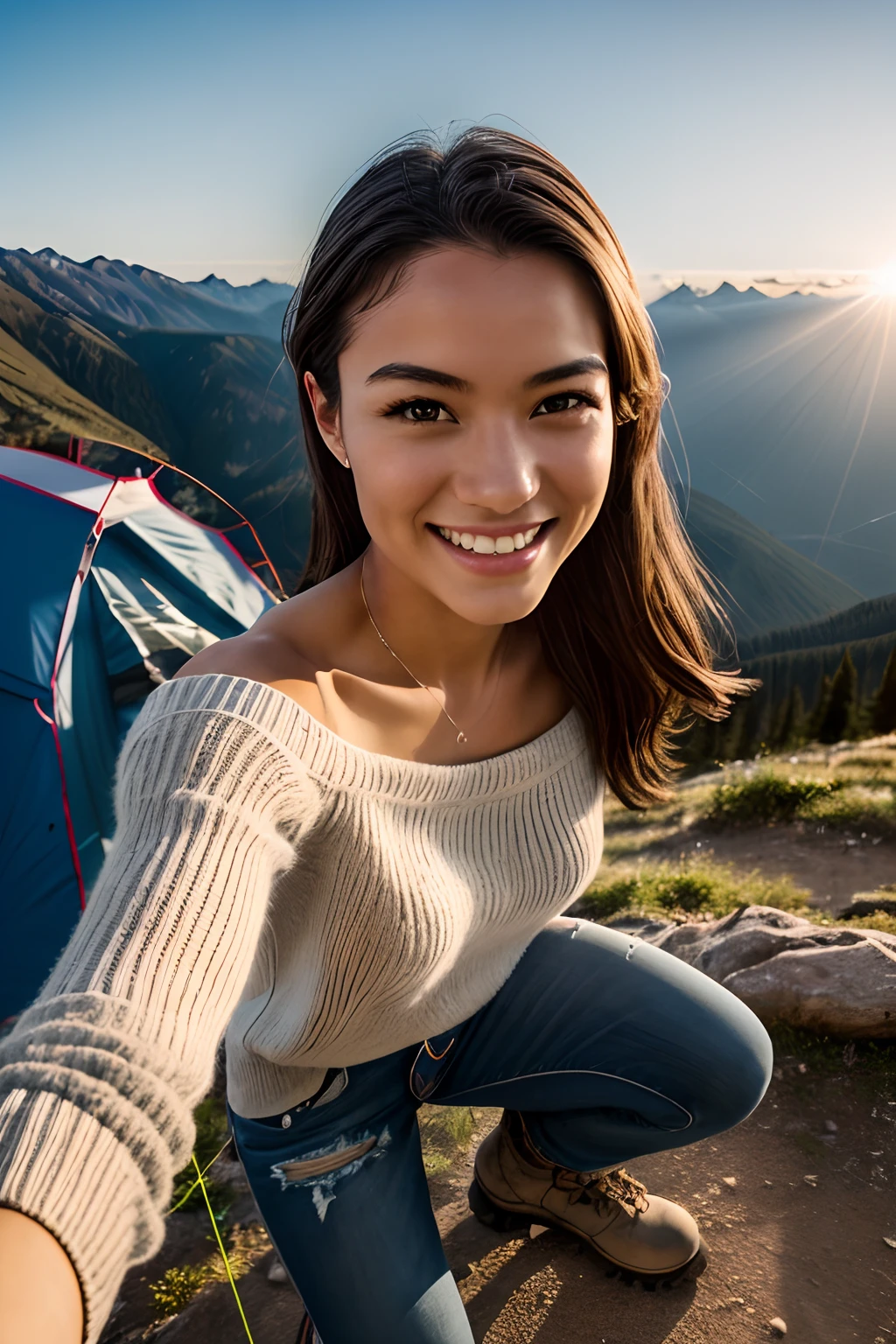 (Upper body selfie:1.3),Spring climbing,With a superb view from the summit in the background,Beautiful sunrise,video from above,Backlighting,Generate images of beautiful girls around the world,Especially while reflecting elements of Western beauty.Girl with natural smile and attractive expression,Girl with natural smile and attractive expression,Transparent skin,sparkle in eyes,Expresses an elegant atmosphere,Colossal tits,White lace loose sweater with off-shoulder chest emphasis,Torn and tattered damaged jeans,Solo, crouching down.backpack,Mountain boots,Camping stove,kettle,mug cup,Single-person tent,strong wind blowing,Hair fluttering in the storm,(The 8k quality,masutepiece,top-quality,Ultra-high resolution output image,),(Highly detailed raw photos:1.3),(Image Mode Ultra HD),