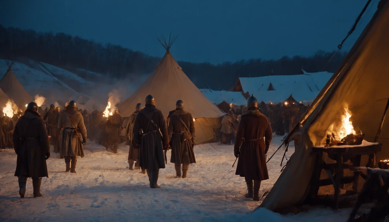 medieval hungarian war camp, tents, snow, night, cinematic scene from film, medieval hungarian soldiers