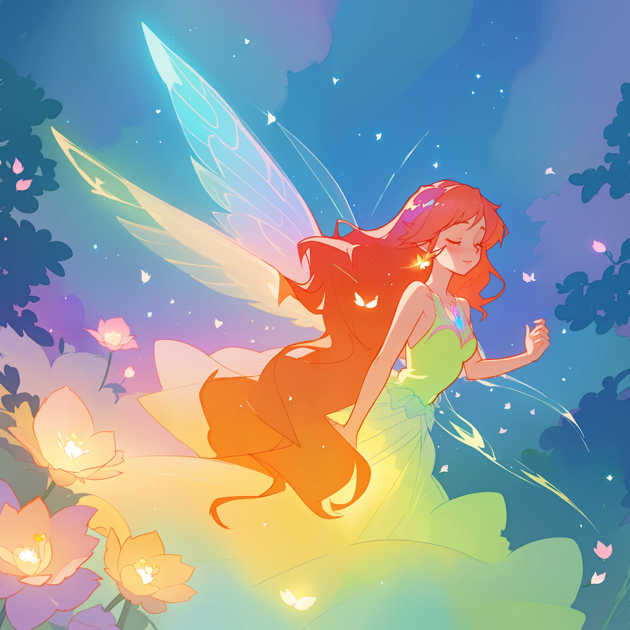 beautiful girl in flowing ballgown dress, (glowing fairy wings), glowing flowing ballgown, long wavy hair, sparkling fairy wings, watercolor illustration, flowers and colorful plants, inspired by Glen Keane, inspired by Lois van Baarle, disney art style, by Lois van Baarle, glowing aura around her, by Glen Keane, jen bartel, glowing lights! digital painting, flowing glowing hair, glowing flowing hair, beautiful digital illustration, fantasia otherworldly landscape plants flowers, beautiful, masterpiece, best quality, anime disney style, fairy queen