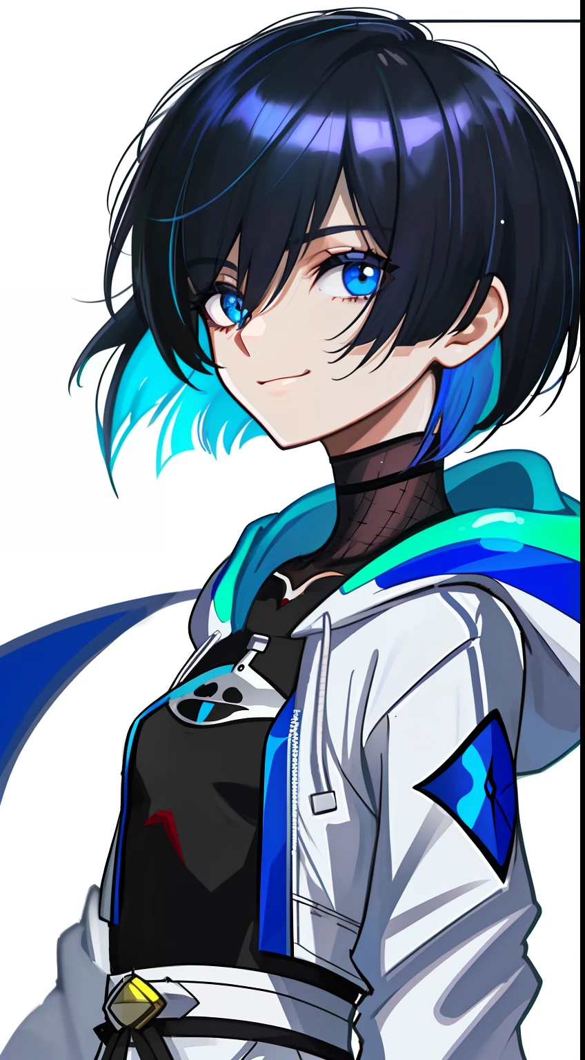 Colorful, High quality, sharp, autofocus, Looking at Viewer, 1girl in, Cool, Handsome, Blue eyes, Evil smile, (Blue and black mesh hair), short-cut, a pixie cut, hair over eyes, hair between eye, Wearing a white hoodie,  Upper body, ((with a pure white background)), Cinematic, Particle Light, Best Shadow, Ray Tracking, Extremely detailed、((neuter)), ((small tits)), ​masterpiece, boyish, Best Quality, Beautiful, Exquisite, refined, Professional, Cool aura