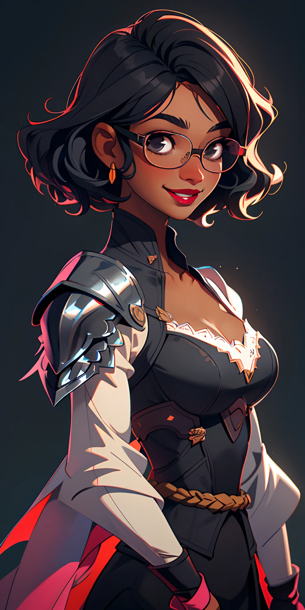 (masterpiece, top quality), 1 girl, collarbone, wavy hair, look at the beholder, dark skin, hair covering eyes, short hair, black hair, knight, armor, big breasts, smiling, glossy lips, dark lip stick, big breasts, glasses