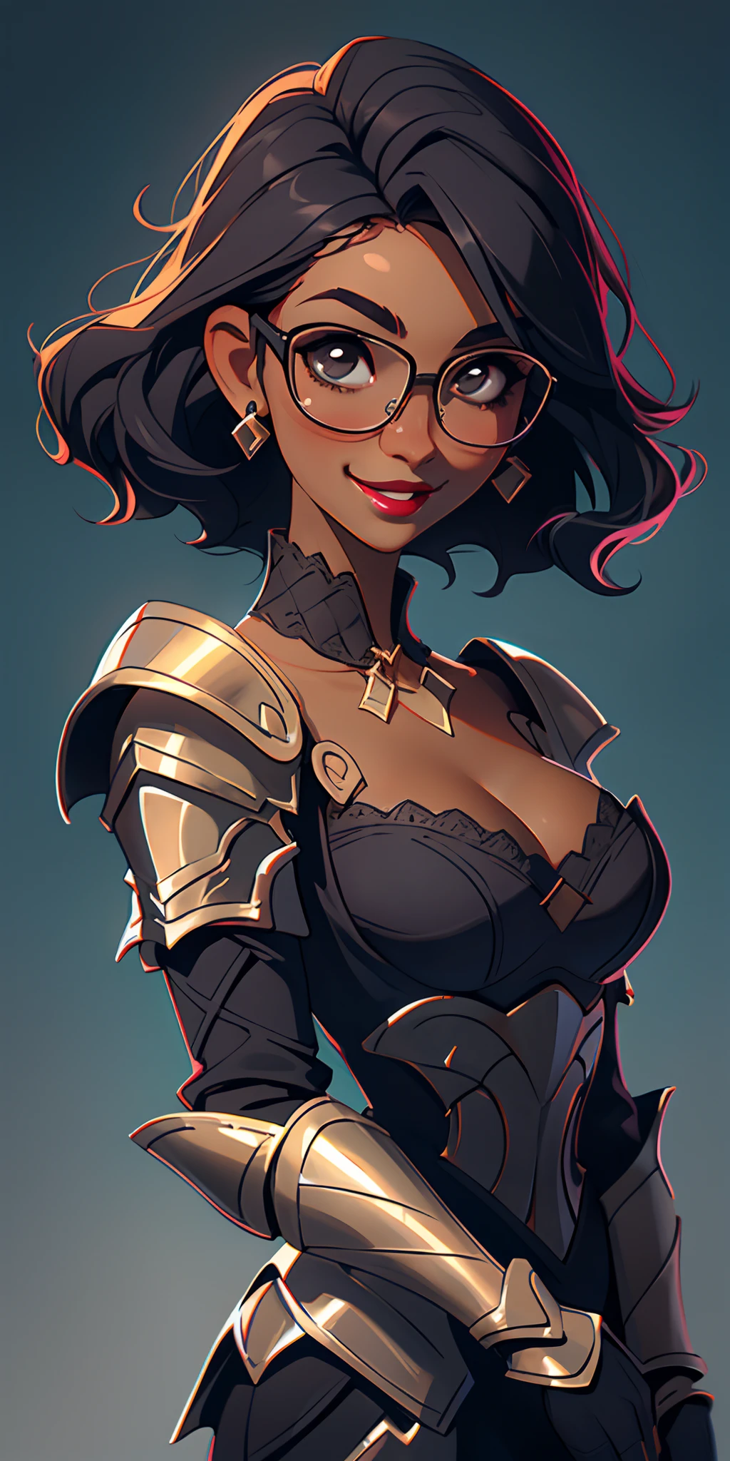 (masterpiece, top quality), 1 girl, collarbone, wavy hair, look at the beholder, dark skin, hair covering eyes, short hair, black hair, knight, armor, big breasts, smiling, glossy lips, dark lip stick, big breasts, glasses