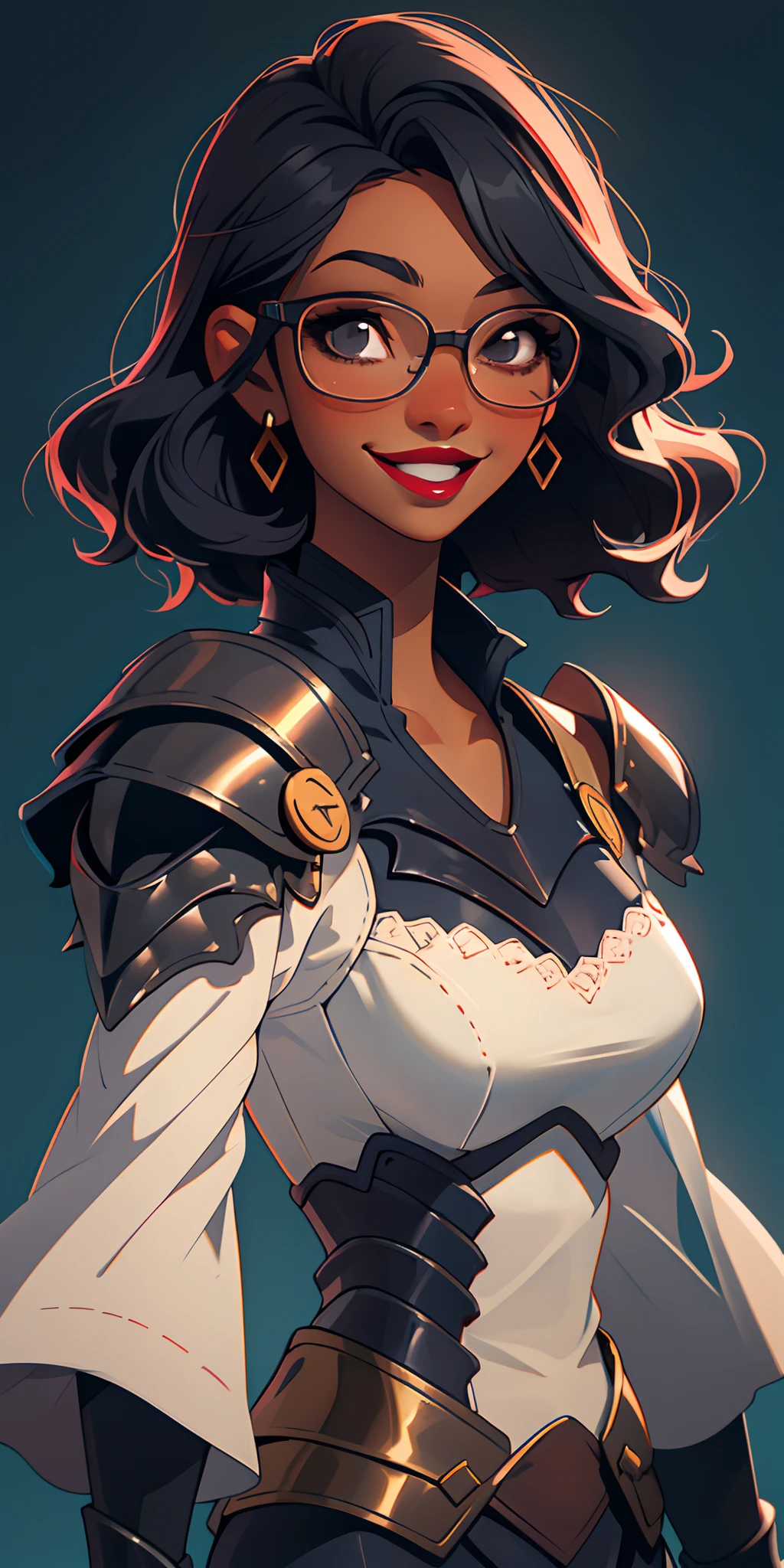 (masterpiece, top quality), 1 girl, collarbone, wavy hair, look at the beholder, dark skin, hair covering eyes, short hair, black hair, knight, armor, big breasts, smiling, glossy lips, dark lip stick, big breasts, glasses