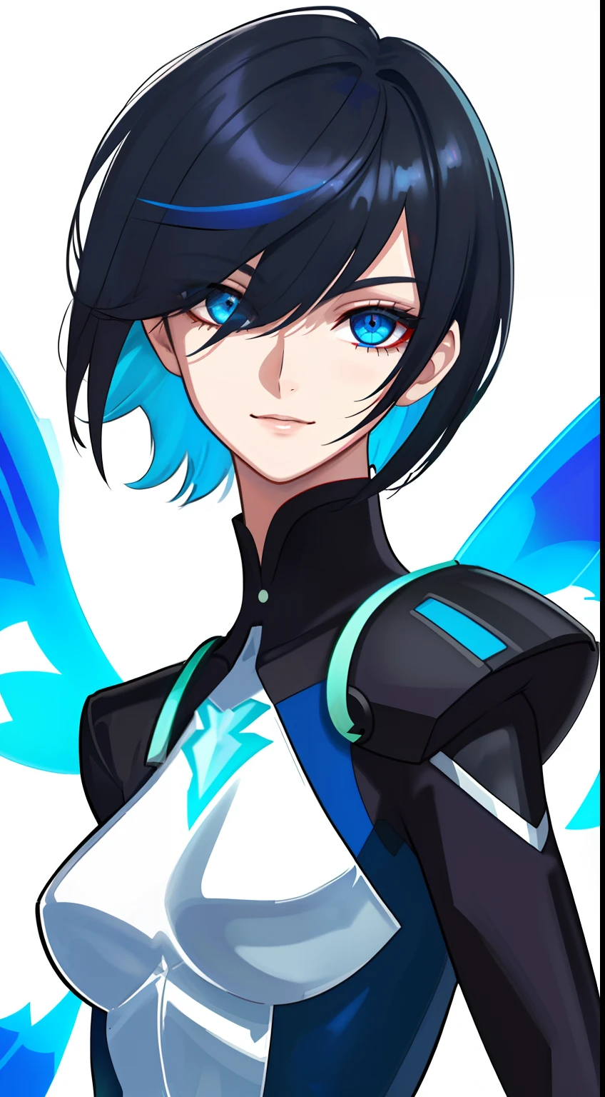 Colorful, High quality, sharp, autofocus, Looking at Viewer, 1girl in, Cool, Handsome, Blue eyes, Evil smile, (Blue and black mesh hair), short-cut, a pixie cut, hair over eyes, hair between eye, modern-suit, Upper body, ((with a pure white background)), Cinematic, Particle Light, Best Shadow, Ray Tracking, Extremely detailed、((neuter)), Flat breasts, masterpiece, boyish, Best Quality, Beautiful, Exquisite, refined, Professional, Cool Aura