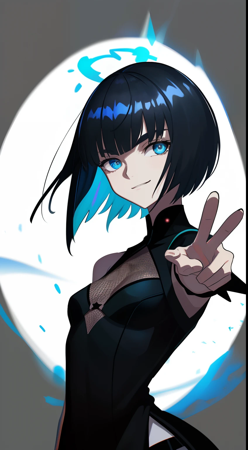 Colorful, High quality, sharp, autofocus, Looking at Viewer, 1girl in, Cool, Handsome, Blue eyes, Evil smile, (Blue and black mesh hair), short-cut, a pixie cut, hair over eyes, hair between eye, Wearing a black robe, Thick, Upper body, ((with a pure white background)), Cinematic, Particle Light, Best Shadow, Ray Tracking, Extremely detailed、((neuter)), ((flat breasts)), masterpiece, boyish