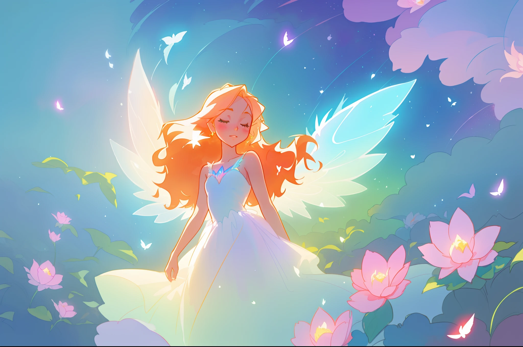 beautiful girl in flowing white dress, (glowing fairy wings), glowing flowing ballgown, long wavy hair, sparkling fairy wings, watercolor illustration, flowers and colorful plants, inspired by Glen Keane, inspired by Lois van Baarle, disney art style, by Lois van Baarle, glowing aura around her, by Glen Keane, jen bartel, glowing lights! digital painting, flowing glowing hair, glowing flowing hair, beautiful digital illustration, fantasia otherworldly landscape plants flowers, beautiful, masterpiece, best quality, anime disney style