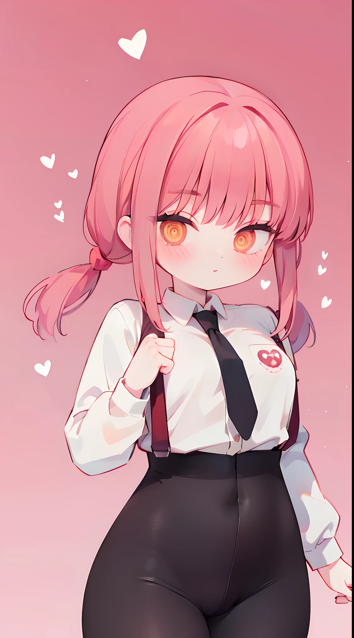 makima,Gym role,White shirt,black necktie,Prominent hip curve,red tinted hair,pigtails,Red pupils,black colored leggings,Suspender stockings,Lots of pink hearts,Love background,Fleshy thighs,highly rendered,detailed face with