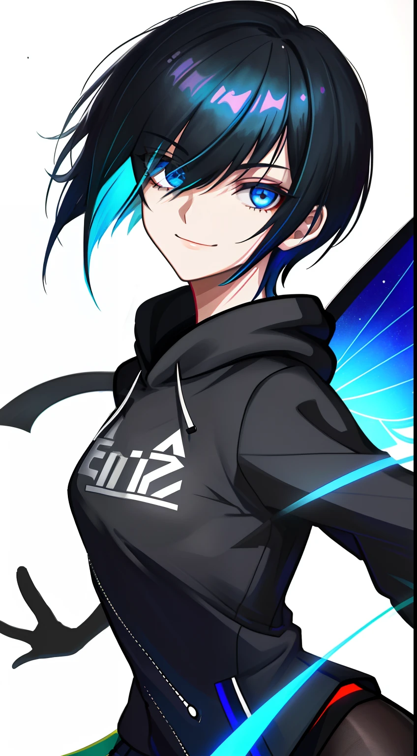 Colorful, High quality, sharp, autofocus, Looking at Viewer, 1girl in, Cool, Handsome, Blue eyes, Evil smile, (Blue and black mesh hair), short-cut, a pixie cut, hair over eyes, hair between eye, Wearing a black and white hoodie, Y shirt,  Upper body, ((with a pure white background)), Cinematic, Particle Light, Best Shadow, Ray Tracking, Extremely detailed、((neuter)), (small tits), ​masterpiece, male