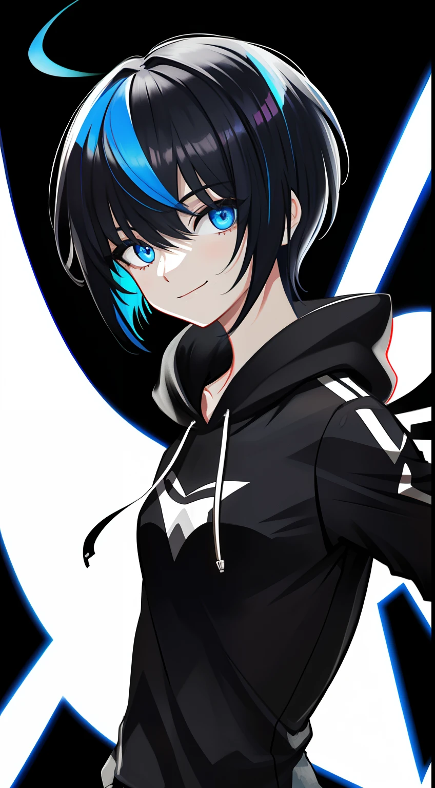 Colorful, masutepiece, High quality, sharp, autofocus, Looking at Viewer, 1girl in, Cool, Handsome, Blue eyes, Evil smile, Blue and black mesh hair, short-cut, a pixie cut, hair over eyes, hair between eye, Black shirt, White hoodie, Upper body, Simple white background, Cinematic, Particle Light, Best Shadow, Ray Tracking, Extremely detailed、neuter, Chest flat, masterpiece