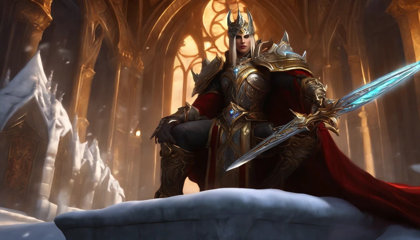 Female blood elf, holy paladin, Best quality, Masterpiece, Sit on his frosty throne, Gorgeous royal palace, snowfield, A high resolution, (photograph realistic:1.4), surrealism, Dream-like,fusionart, Shadowdancer, shadow magic, darkness control, stealth, shadowstep, umbral spells, hidden blade,