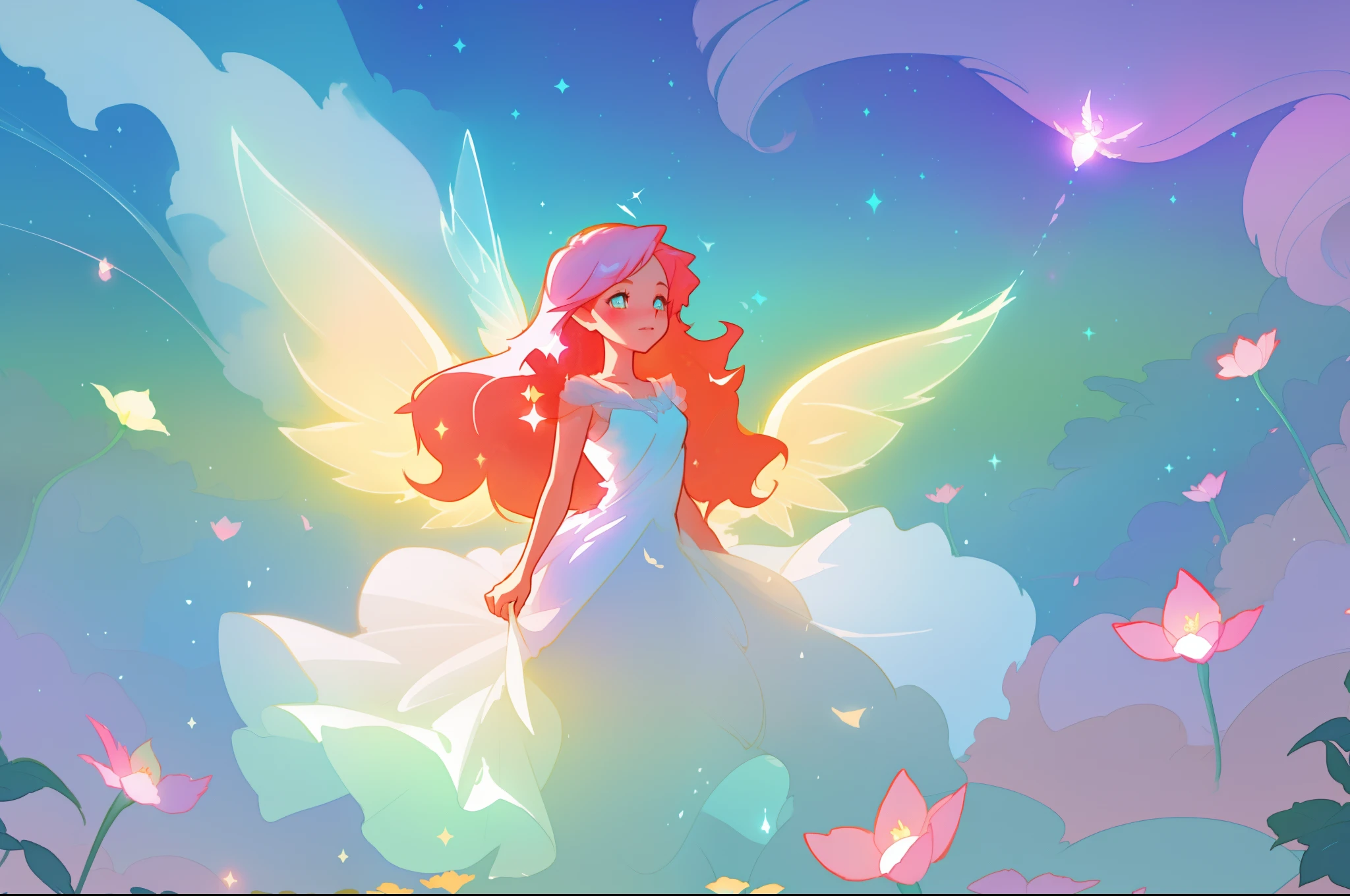 beautiful girl in flowing white dress, (glowing fairy wings), glowing flowing ballgown, long wavy hair, sparkling fairy wings, watercolor illustration, flowers and colorful plants, inspired by Glen Keane, inspired by Lois van Baarle, disney art style, by Lois van Baarle, glowing aura around her, by Glen Keane, jen bartel, glowing lights! digital painting, flowing glowing hair, glowing flowing hair, beautiful digital illustration, fantasia otherworldly landscape plants flowers, beautiful, masterpiece, best quality, anime disney style
