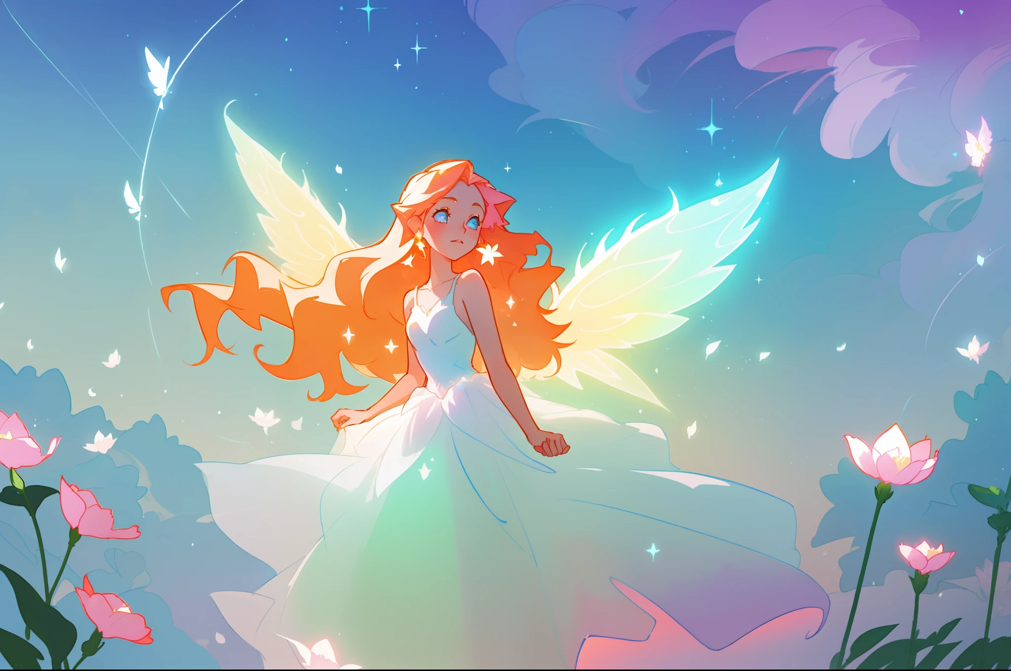 beautiful girl in flowing white dress, (glowing fairy wings), glowing flowing ballgown, long wavy hair, sparkling fairy wings, watercolor illustration, flowers and colorful plants, inspired by Glen Keane, inspired by Lois van Baarle, disney art style, by Lois van Baarle, glowing aura around her, by Glen Keane, jen bartel, glowing lights! digital painting, flowing glowing hair, glowing flowing hair, beautiful digital illustration, fantasia otherworldly landscape plants flowers, beautiful, masterpiece, best quality, anime disney style