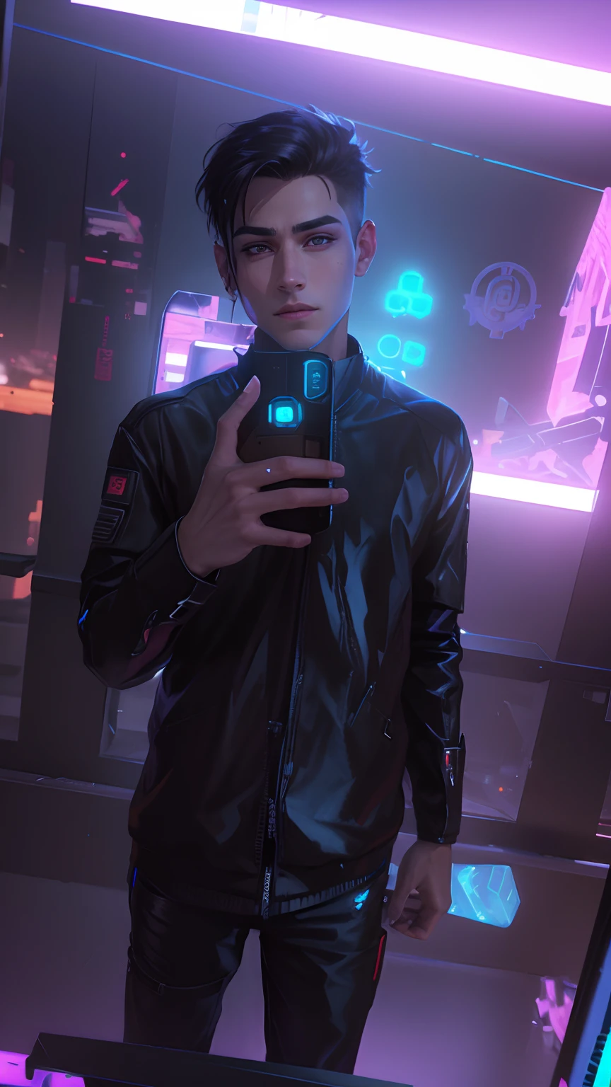 Change background cyberpunk handsome boy, realistic face, 8k, ultra realistic.