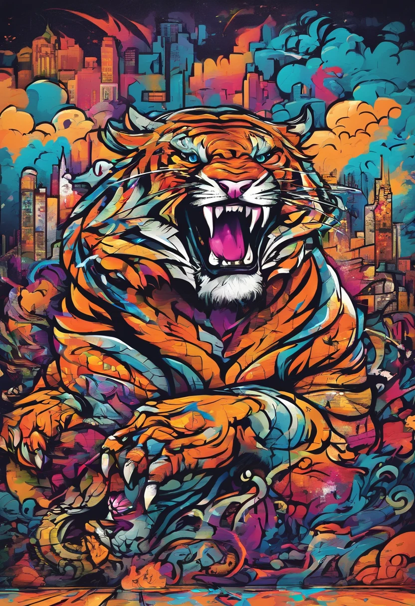 Prompt: Graffiti, The Monster, The whole picture, hight resolution、highly contrast、dragon、a tiger、