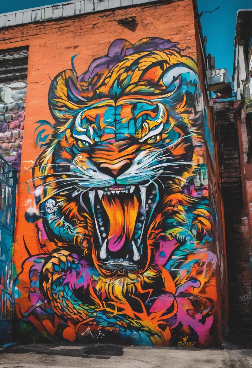 Prompt: Graffiti, The Monster, The whole picture, hight resolution、highly contrast、dragon、a tiger、
