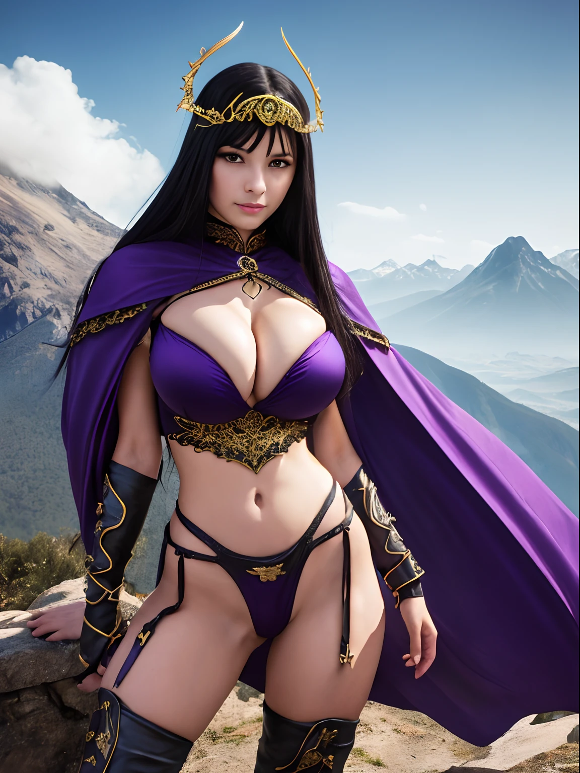 (masterpiece, top quality, best quality, official art, beautiful and aesthetic:1.2), (1girl:1.3), ((long black hair)), (((pale purple skin, pale blue skin, blue skin, purple skin))), extremely detailed, portrait, looking at viewer, solo, (full body:0.6), detailed background, close up, (cold night mountain theme:1.1), dark elf war dancer, (spiky winged headdress), charlatan, smirk, mysterious, swaying in mountains, skimpy attire, revealing gladiatrix costume, ebony metal, gold filigree, gold bikini, circlet, cowl, metal bikini, long boots, dual knives, violet fabric, black leather, ((((gigantic breasts, cleavage, skindentation)))), cute belly button, toned tummy, slim waist, slim hips, long legs, medieval (mountain exterior:1.1) background, dark mysterious lighting, shadows, magical atmosphere, dutch angle