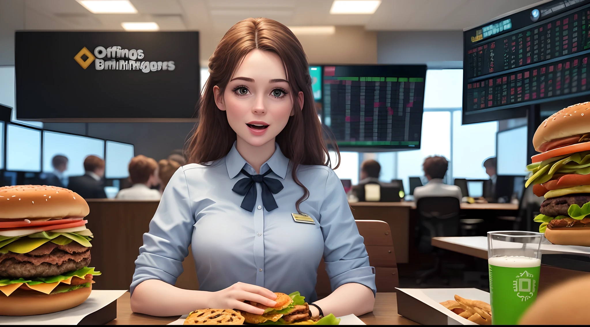 create the character from the film it's raining burgers, in an office operating in the financial market