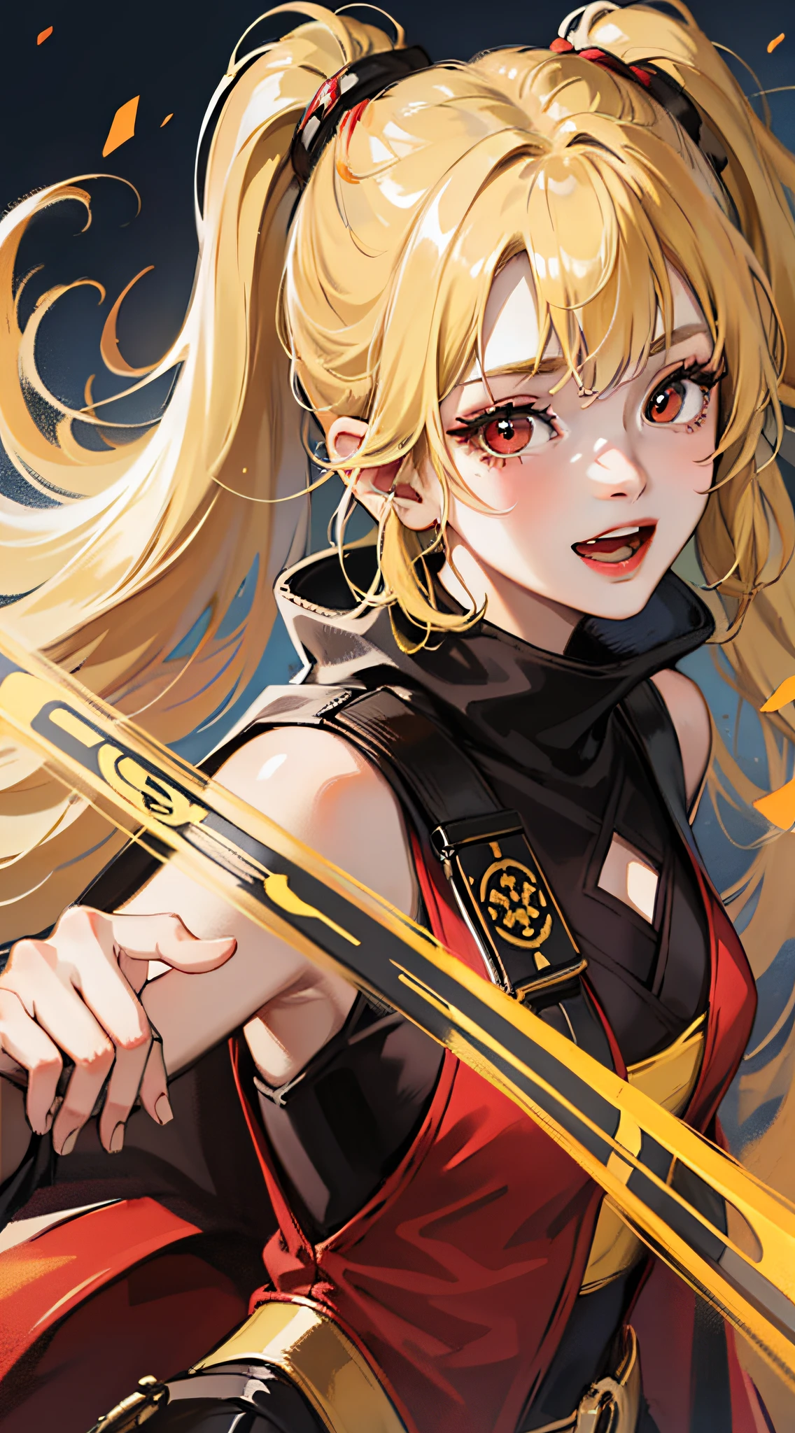 Young Girl, long yellow hair, High Ponytail, Red Eyes, Open Jedi Forms, Smile, Open mouth, masutepiece, high quarity