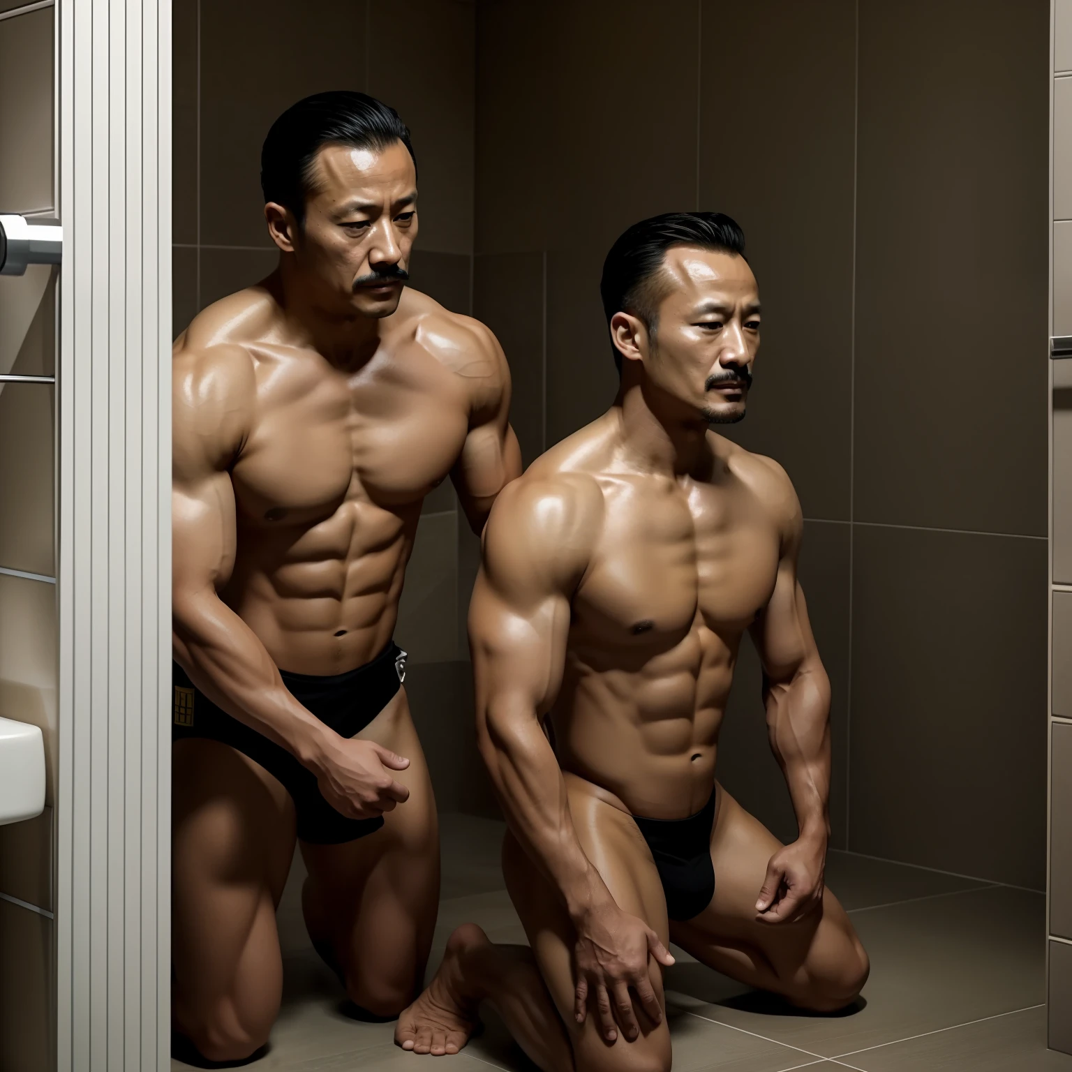 45 yers old,Hidetoshi Nakata ,(Kogoro Mouri 1.3),In the bathroom there were two muscular men kneeling,Naked upper body,Crotch contour,with mustache,tmasterpiece,k hd,Business suit,greys