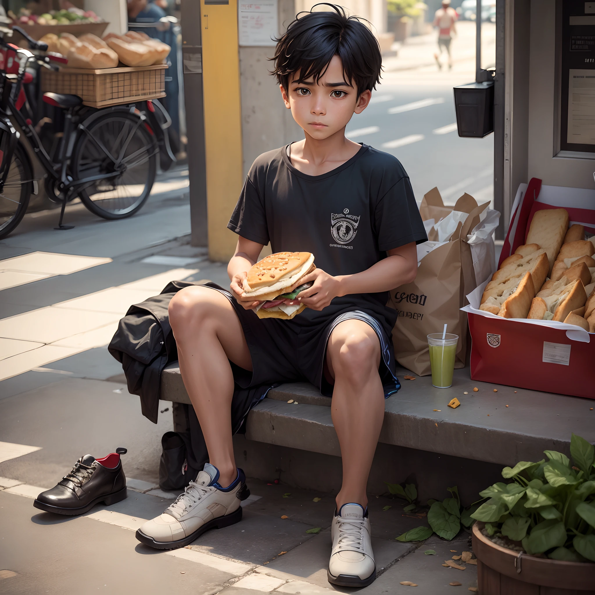 Imagine a scene of begger sitting near street pathway , eagerly taking a bite of his freshly-made sandwich. Describe the boy's expression and the delicious ingredients inside the sandwich