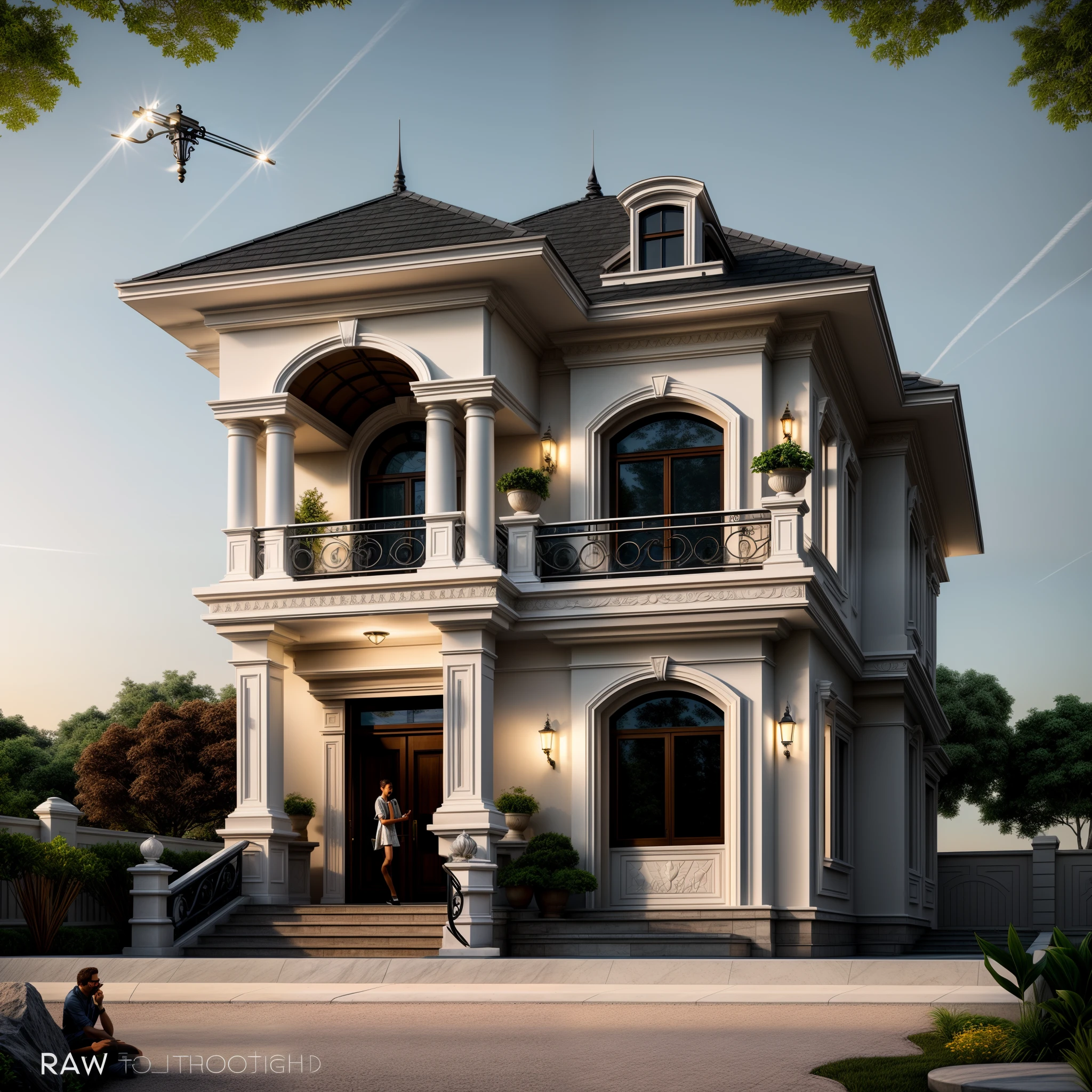 arafed white house with a car parked in front of it, neo - classical style, classicism style, classical style, rich house, exterior design, stunning grand architecture, elegant architecture, luxury architecture, neoclassical style, beatiful house, magnificent design, exquisite architecture, neo - classical, neo-classical, classicism artstyle, beautiful architecture, front perspective, 1 road runs in front of the house, (RAW photo, real, best quality, masterpiece:1.2), look morden minimalist, 1 road in front of the house, shime ring light, light brighteness from indoor:1.2, dynamic lighting:1.3, (hyper realistic, photo-realistic:1.2), high quality, day lighht, hight contrast :0.5 perfect lighting, archdaily, award winning contemporary, contemporary masterpiece, well-designed masterpiece, large modern residence, supper detail, utral detail, auto syn