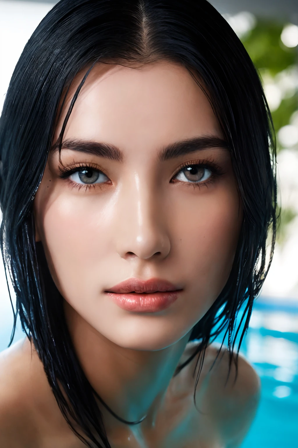 Photorealistic woman, detailed short messy black hair, mid shot, Detailed skin, detailed body, muscular, solo, wearing black micro bikini, huge breasts, thick thighs, wide hips, muscular arms, large bulging veins on body, veins, muscle vein, split abs, thick thighs, blue eyes, Natural Skin Texture, skin detail, shiny skin, shiny glossy skin, WET skin, wet body, glossy skin, oily skin, Mediterranean tan, high contrast, realistic skin, skin pores, intricate detail, high contrast, realistic skin, skin pores, intricate detail, raw photo, mature female, glossy lips, luscious lips, pretty nose, lifelike rendering, immersive atmosphere, chiaroscuro, moody lighting, perfect female body, realistic skin, skin pores, at an expensive private swimming pool in Brazil,
