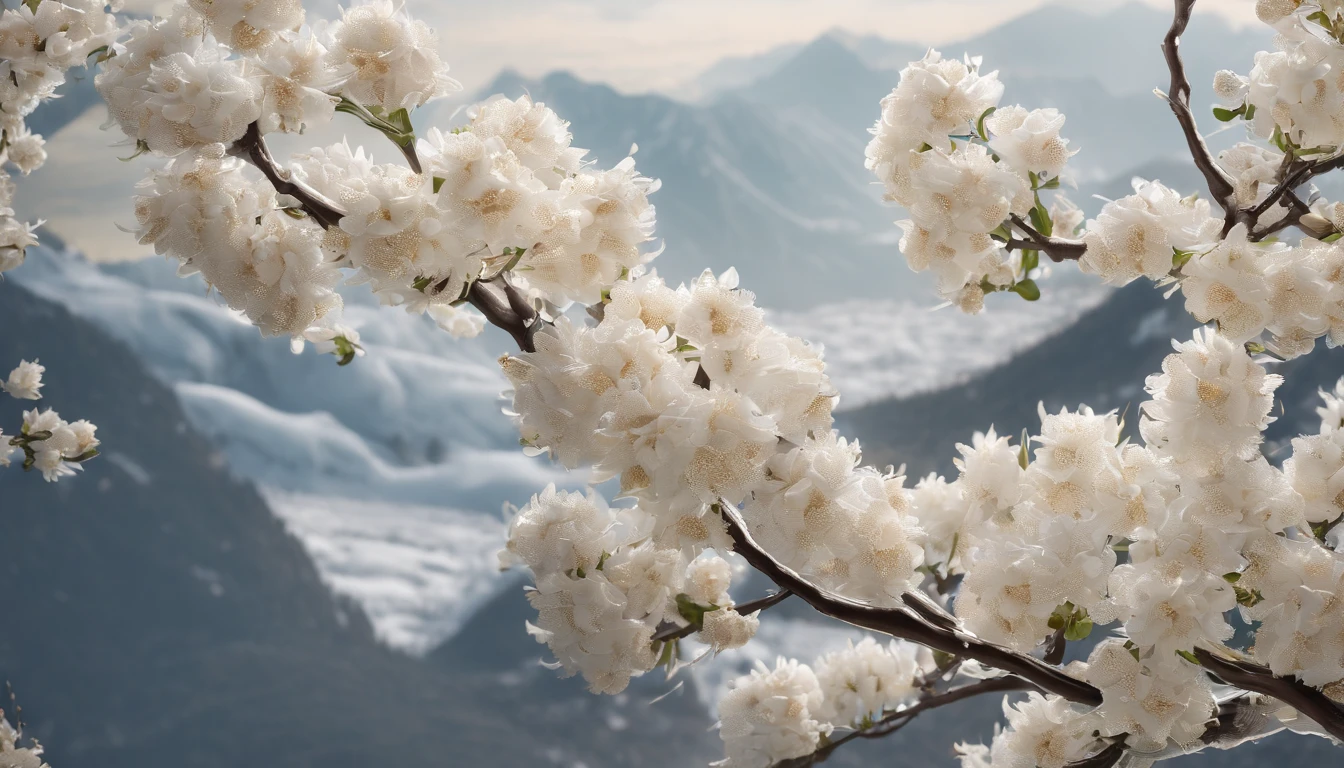 Laurel branches,Shot at a 15-degree elevation angle for medium and close ranges,petals,Osmanthus flowers flying,Top daylight,Refreshing style,Snowy mountains in the distance,Ultra-clear image quality